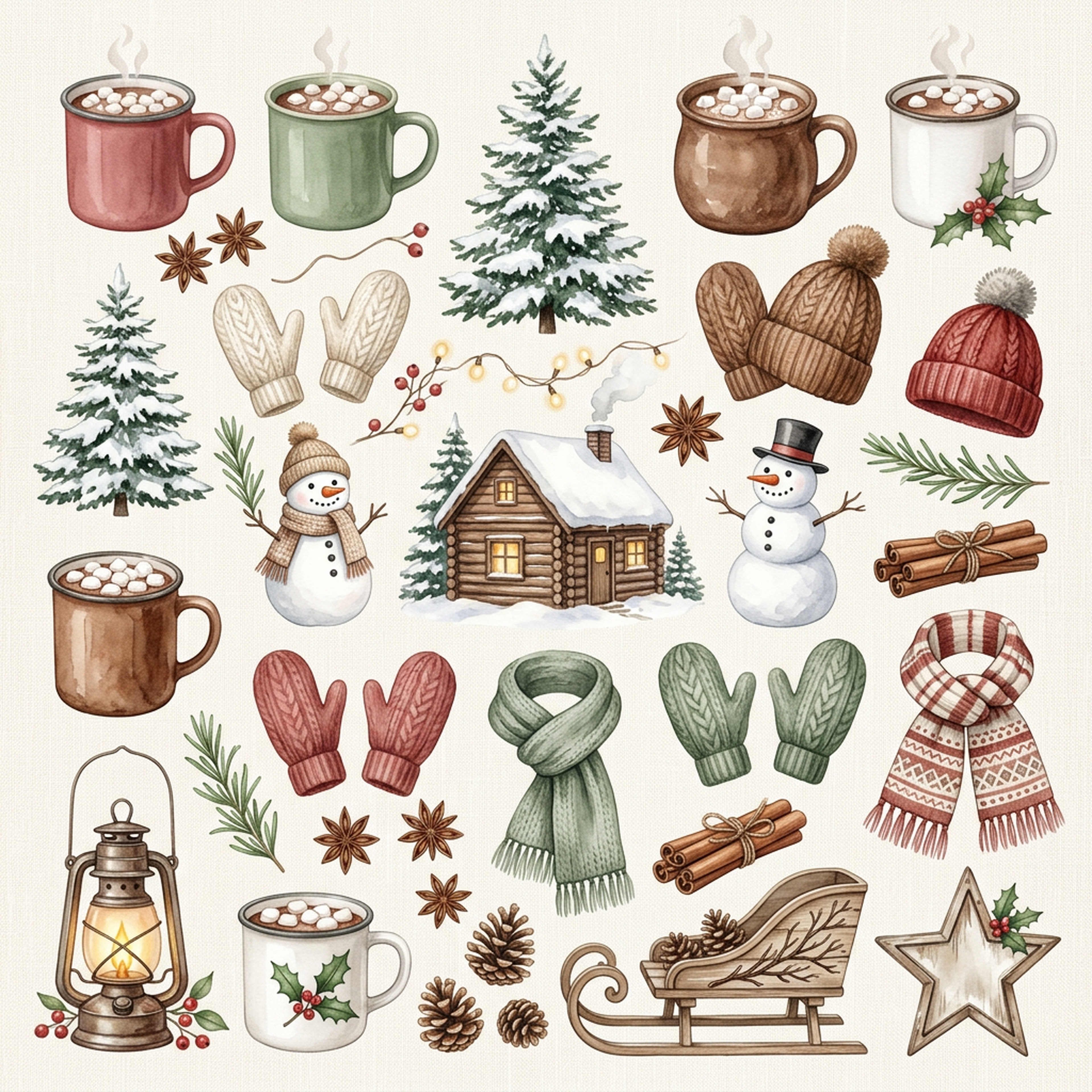 Watercolor Farmhouse Christmas (Cocoa and Snow) Clipart, 30 PNG, Transparent Background, Commercial Use, Digital Download