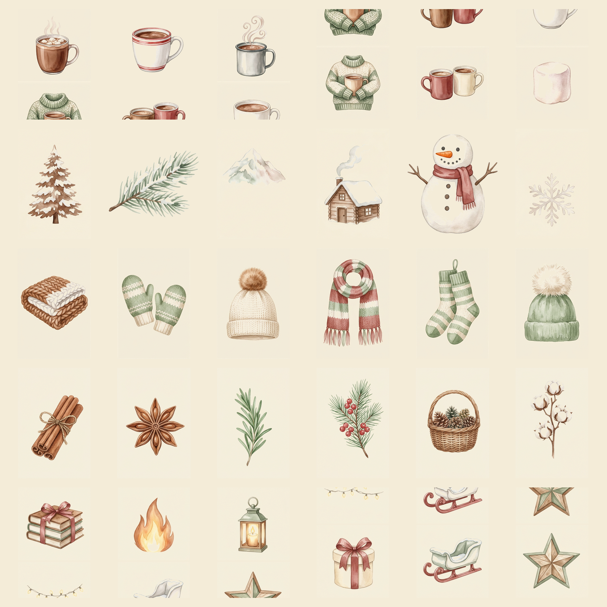 Watercolor Farmhouse Christmas (Cocoa and Snow) Clipart, 30 PNG, Transparent Background, Commercial Use, Digital Download