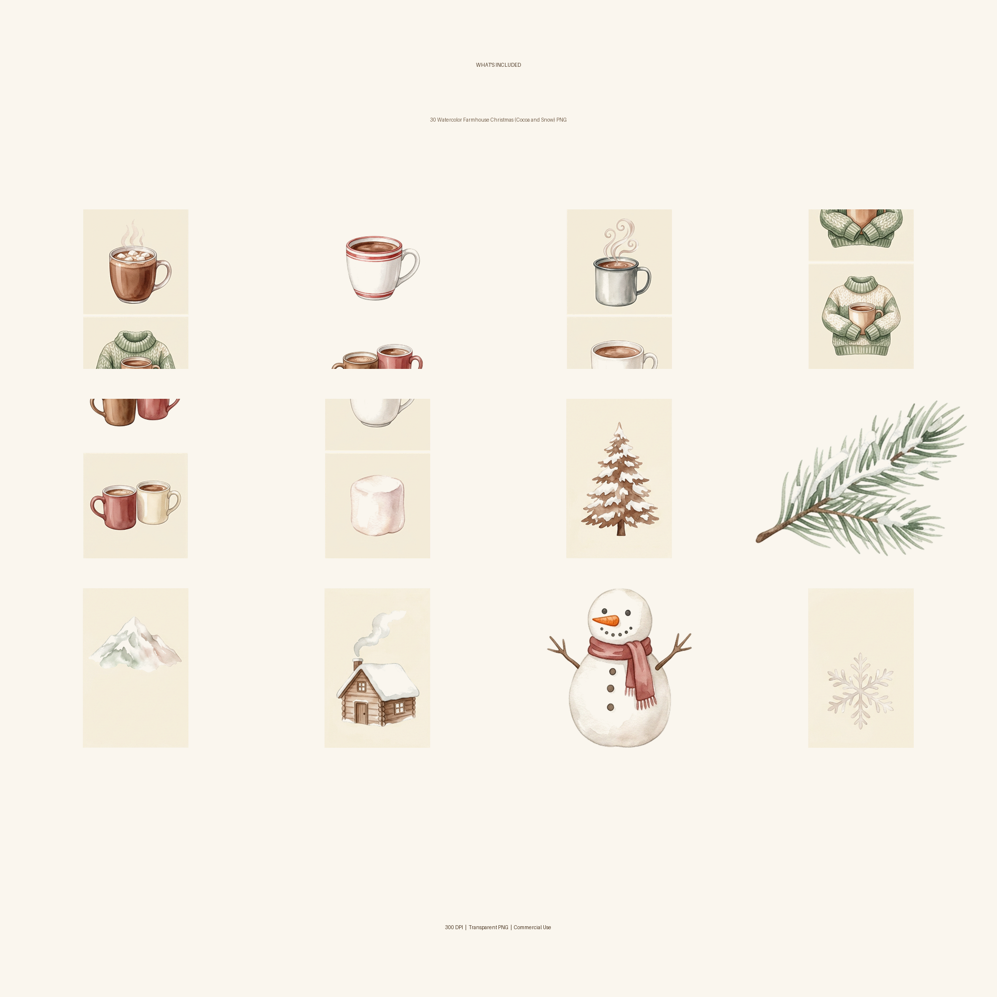 Watercolor Farmhouse Christmas (Cocoa and Snow) Clipart, 30 PNG, Transparent Background, Commercial Use, Digital Download