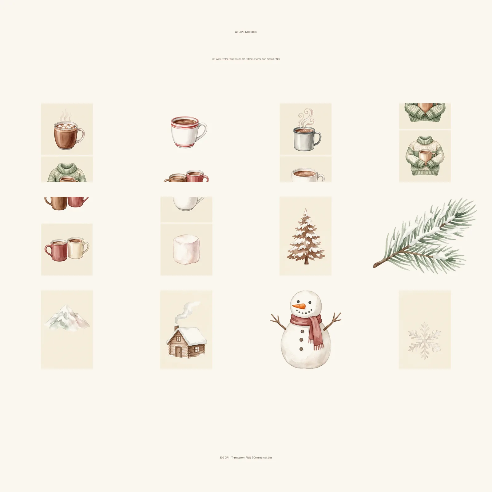 Watercolor Farmhouse Christmas (Cocoa and Snow) Clipart, 30 PNG, Transparent Background, Commercial Use, Digital Download