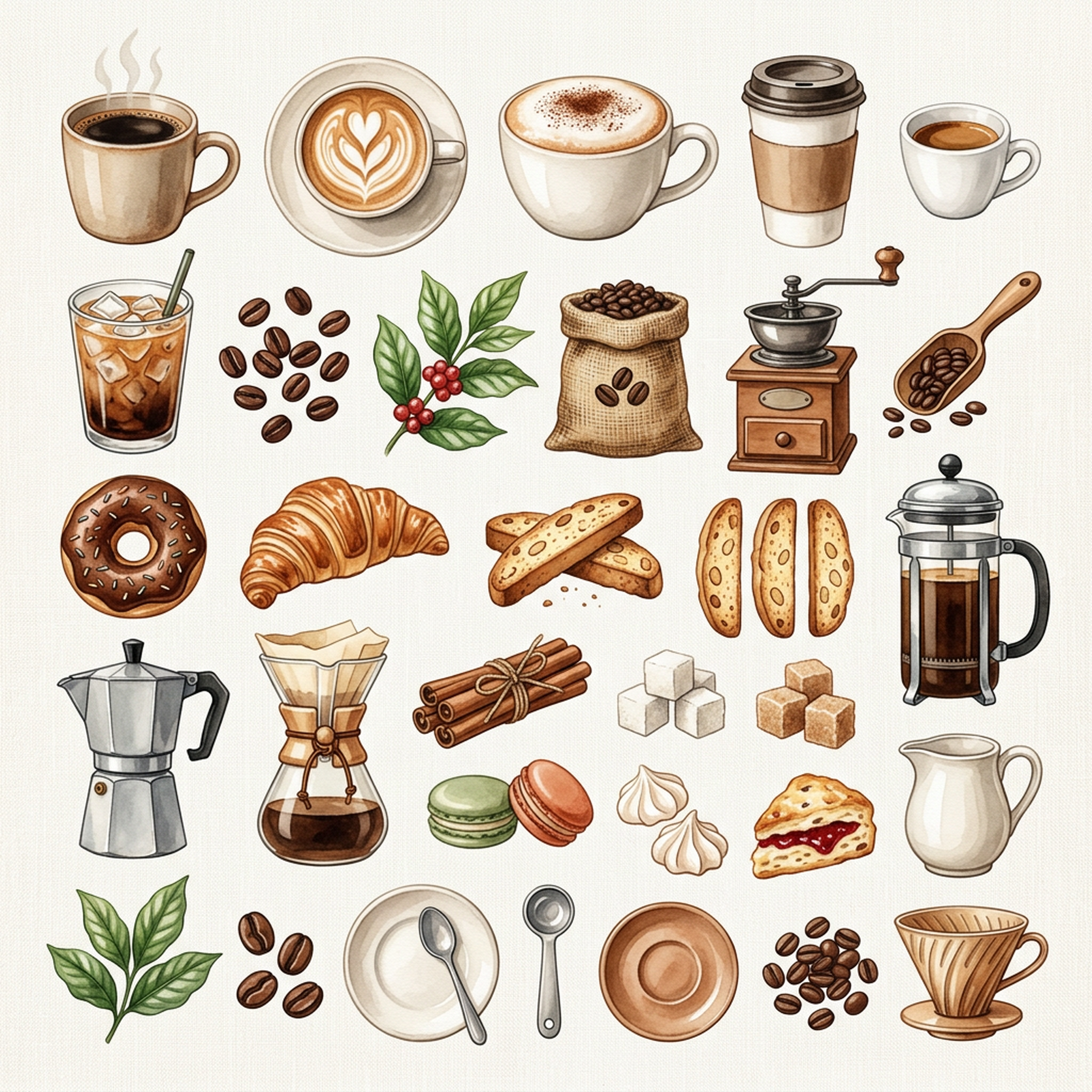 Watercolor Coffee Mugs and Beans Clipart, 30 PNG, Transparent Background, Commercial Use, Digital Download