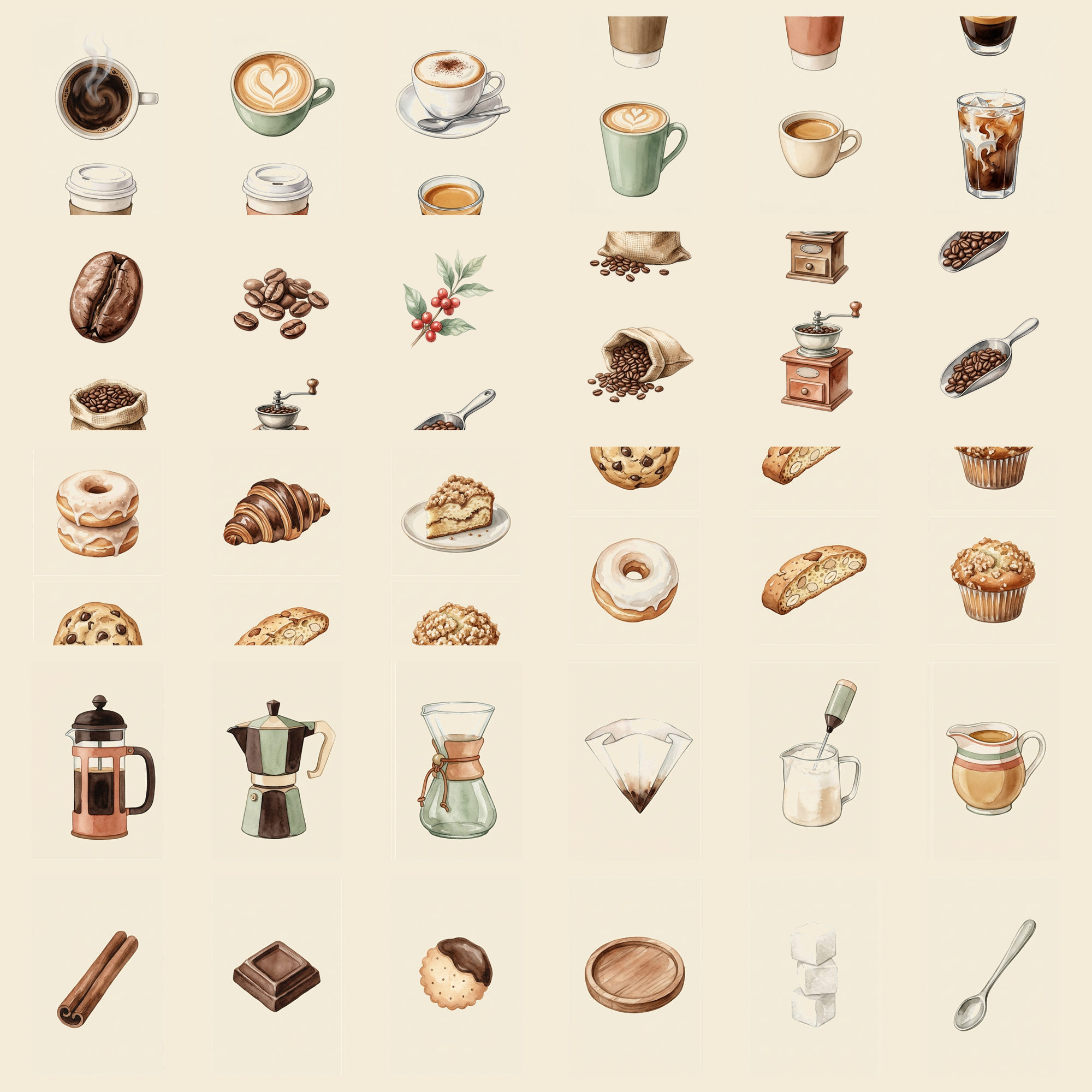 Watercolor Coffee Mugs and Beans Clipart, 30 PNG, Transparent Background, Commercial Use, Digital Download