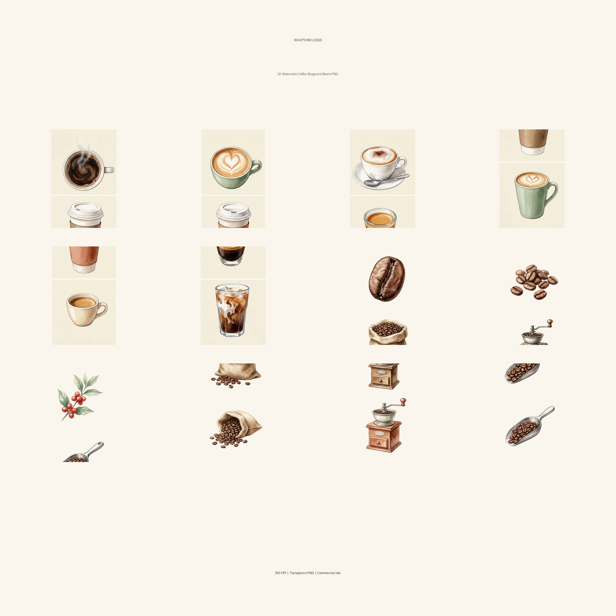 Watercolor Coffee Mugs and Beans Clipart, 30 PNG, Transparent Background, Commercial Use, Digital Download