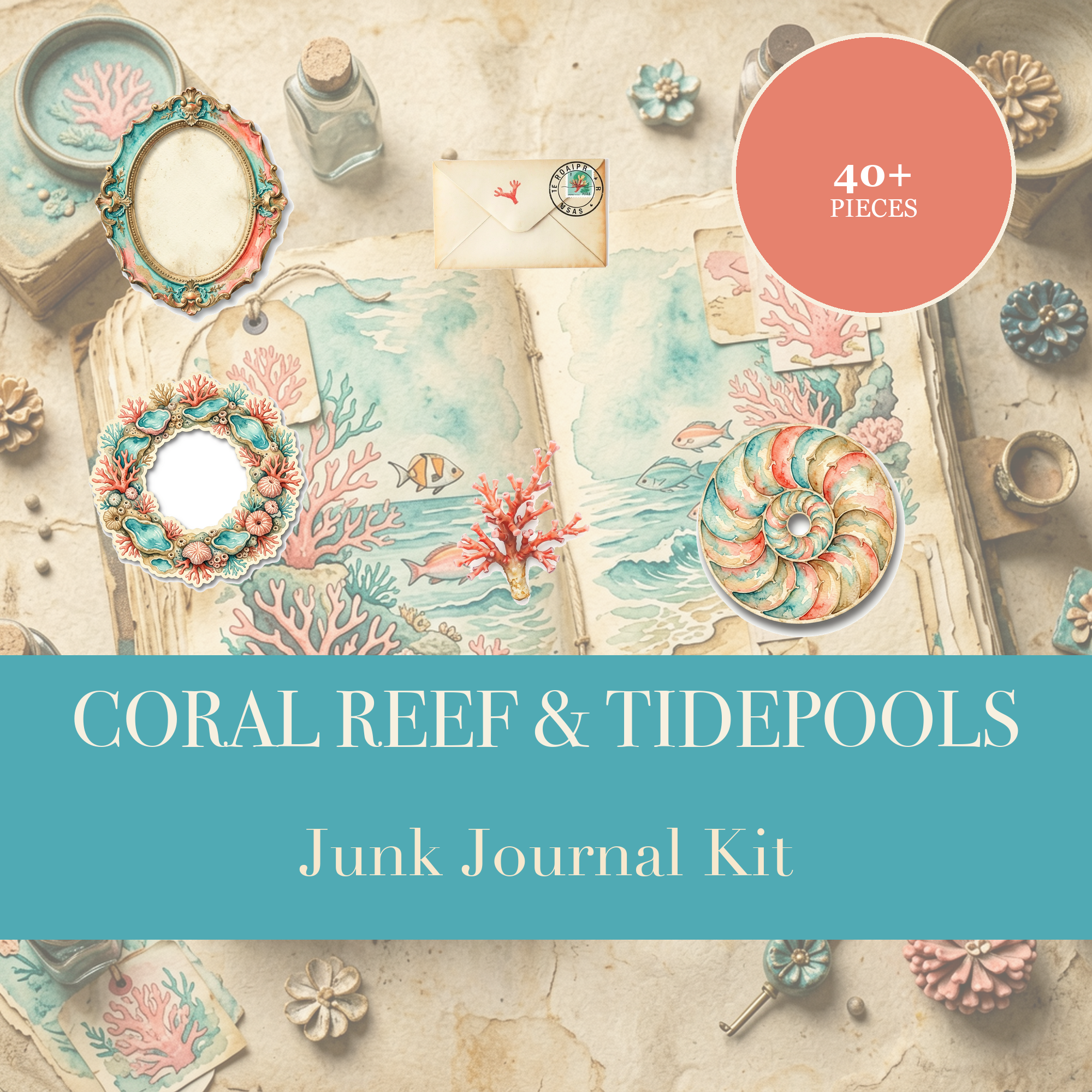 Korallenriff & Gezeitentümpel Junk-Journal-Set | Meeres- und Muschel-Ephemera-Papiere | Druckbare Ausschneidebögen | Digitaler Download