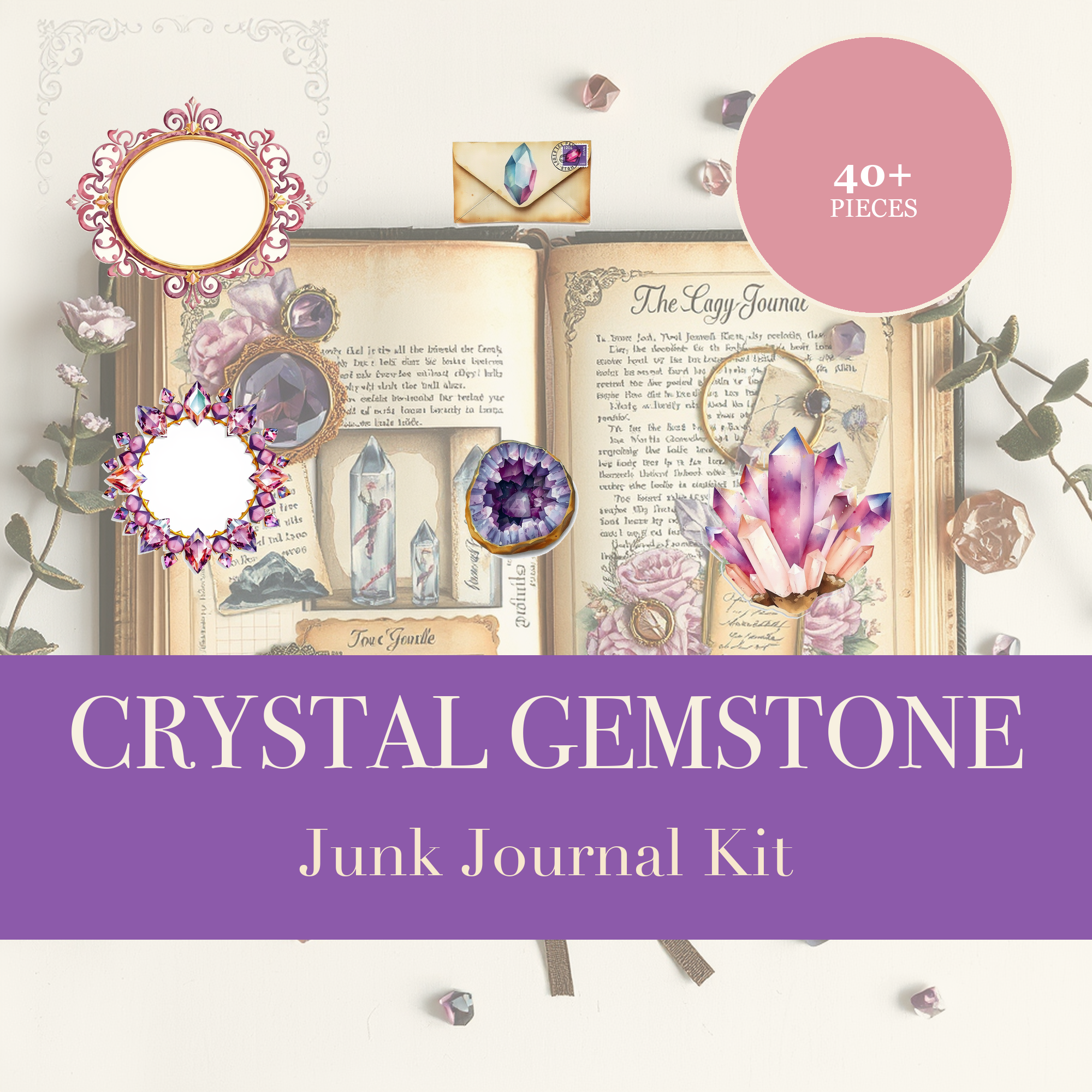 水晶宝石 Junk Journal 套装 | 晶洞与矿石拼贴纸 | 可打印剪影素材 | 数字下载