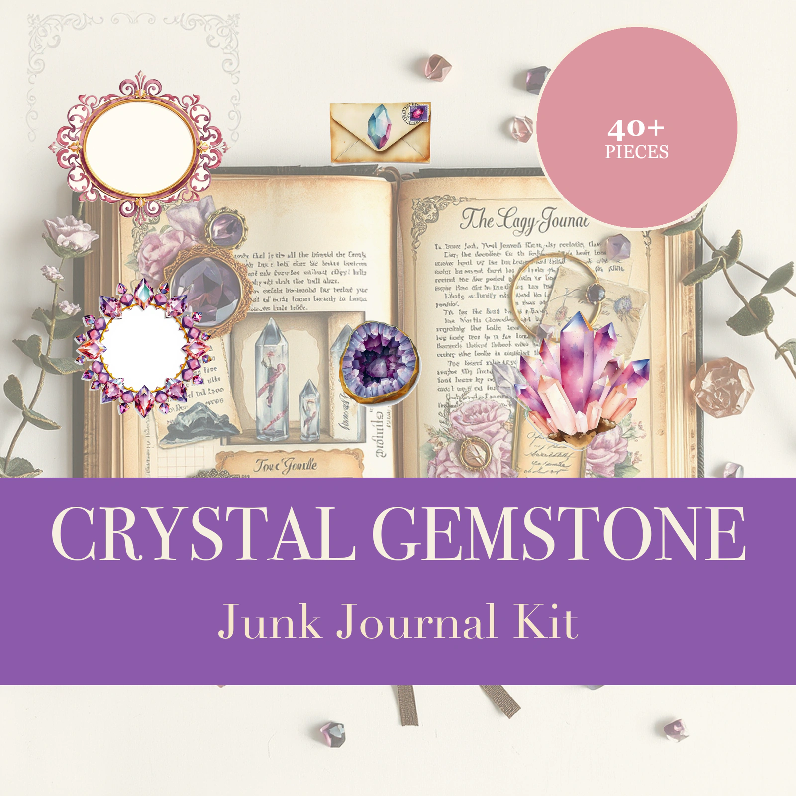 Crystal Gemstone Junk Journal Kit | Geode & Mineral Ephemera Papers | Printable Cut-Outs | Digital Download