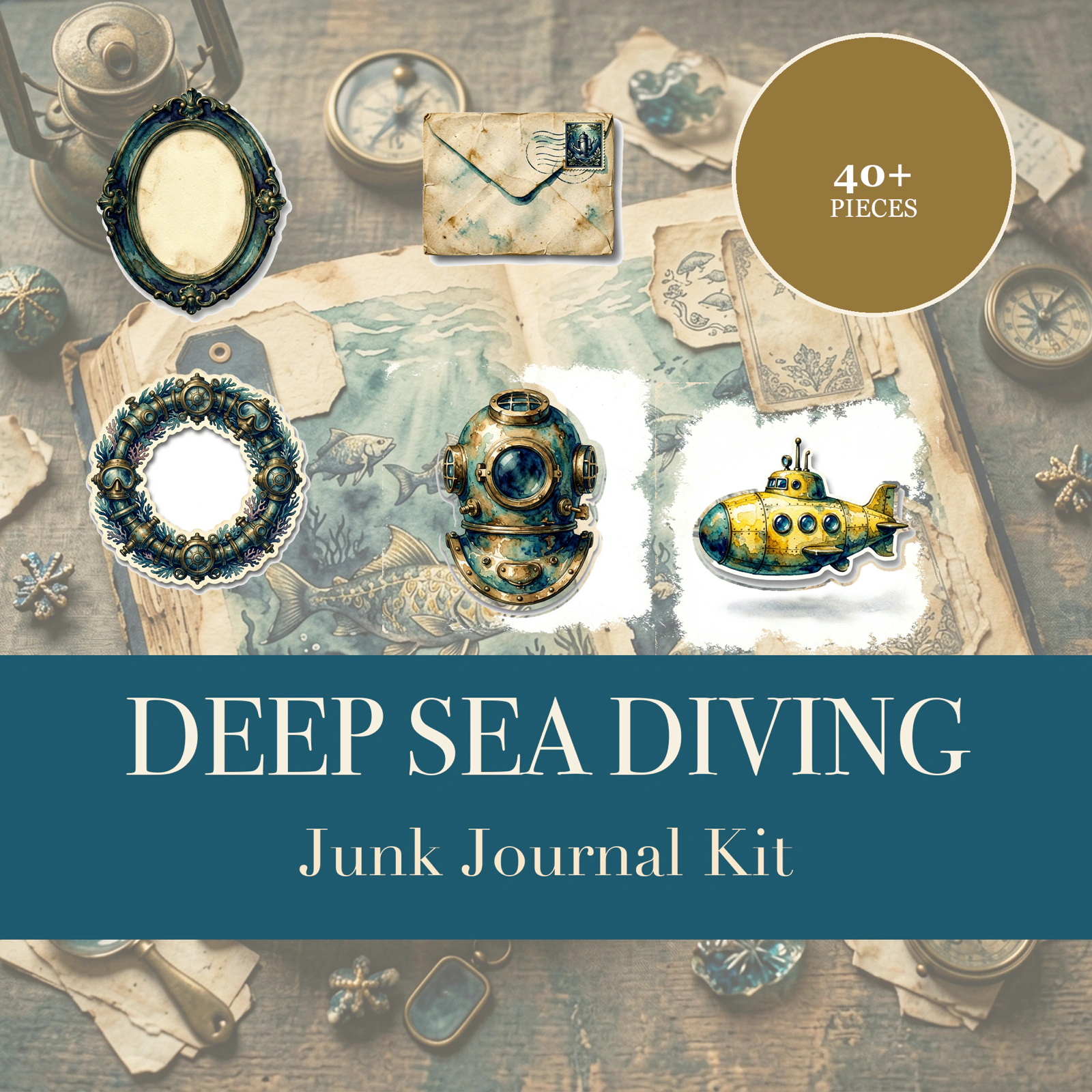 Deep Sea Diving Junk Journal Kit | Vintage Ocean & Submarine Ephemera | Printable Cut-Outs | Digital Download