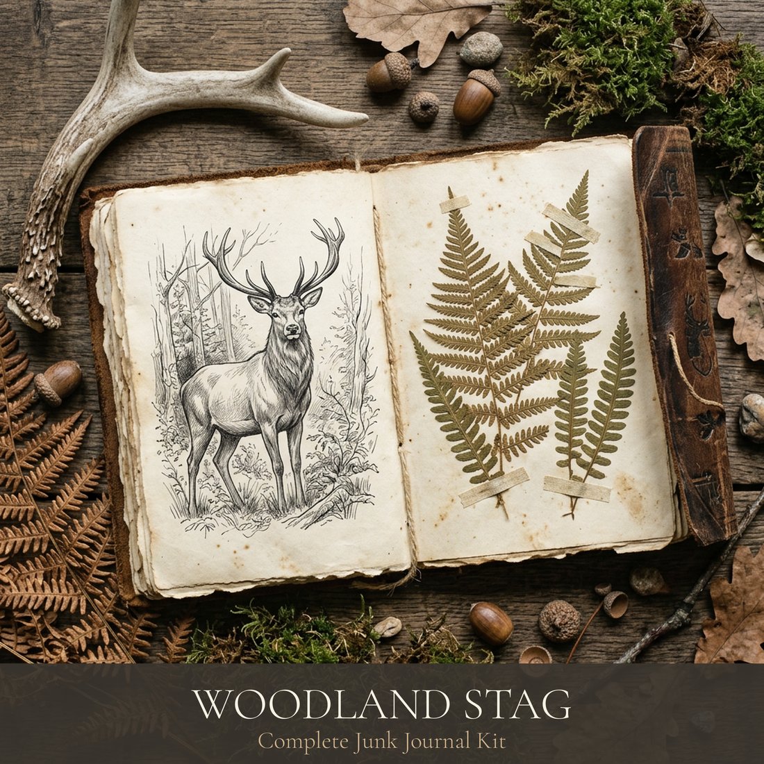 Woodland Stag Junk Journal Kit | Forest Ferns Ephemera | Nature's Whispers | Digital Download