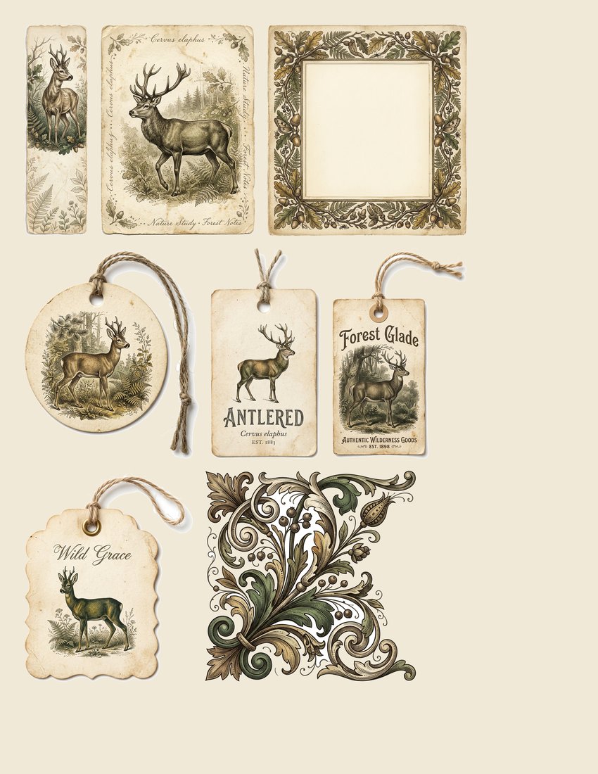 Woodland Stag Junk Journal Kit | Forest Ferns Ephemera | Nature's Whispers | Digital Download