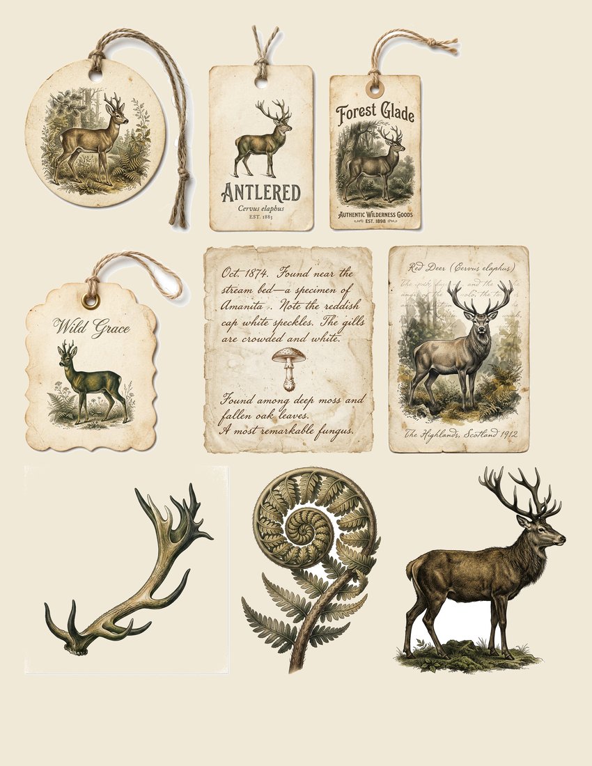 Woodland Stag Junk Journal Kit | Forest Ferns Ephemera | Nature's Whispers | Digital Download
