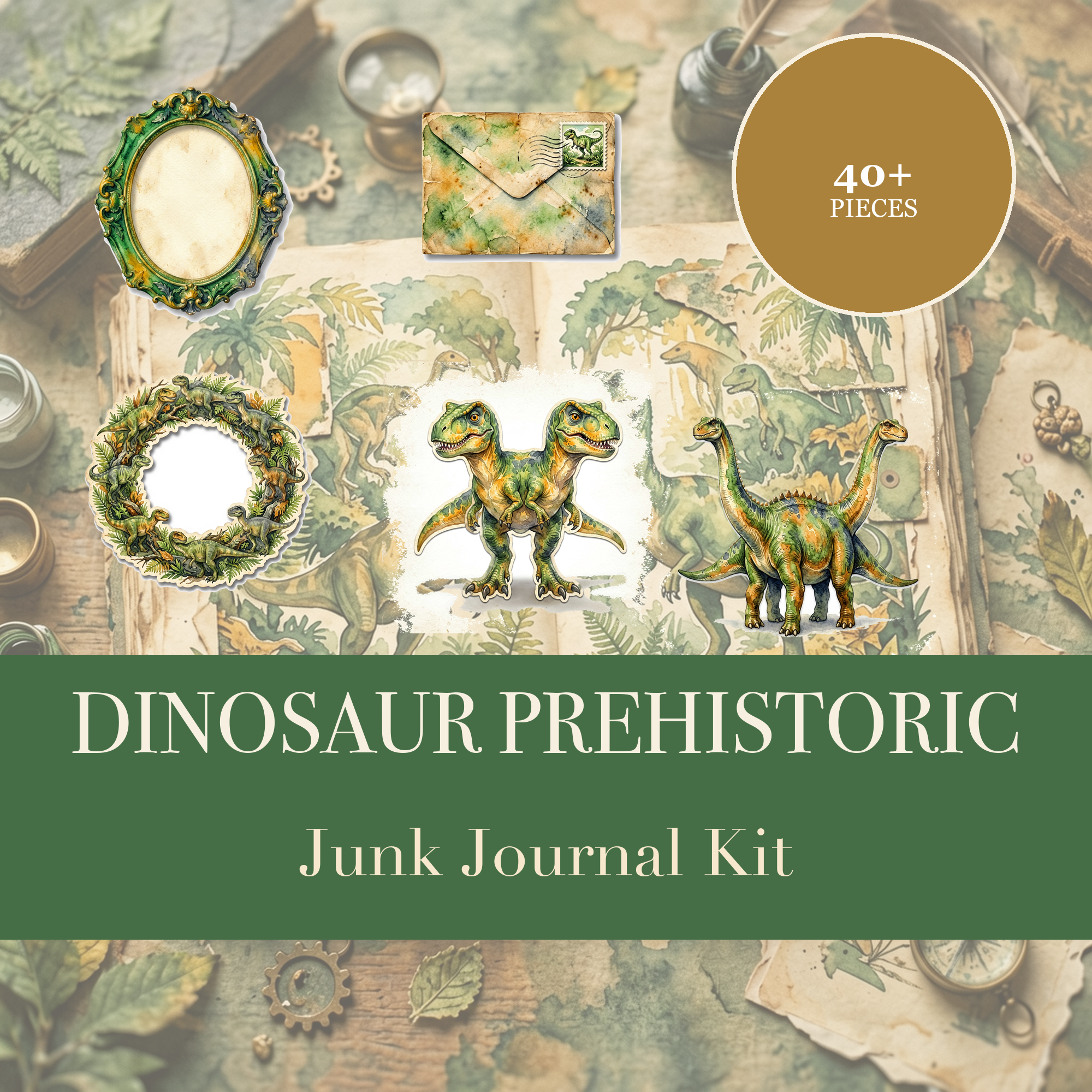 Dinosaur Prehistoric Junk Journal Kit | Fossil & Jungle Ephemera | Printable Cut-Outs | Digital Download