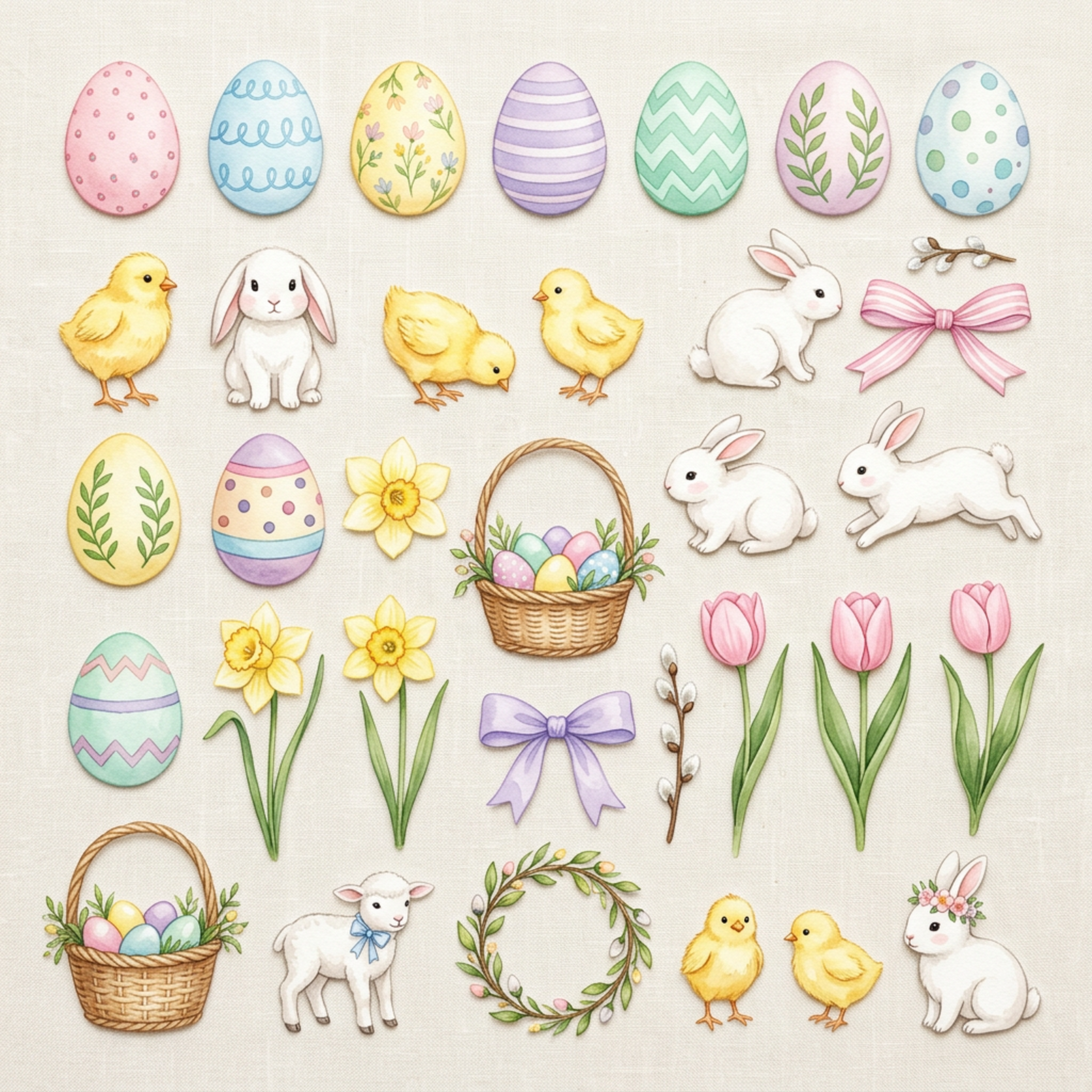 Watercolor Easter Eggs and Chicks Clipart, 30 PNG, Transparent Background, Commercial Use, Digital Download