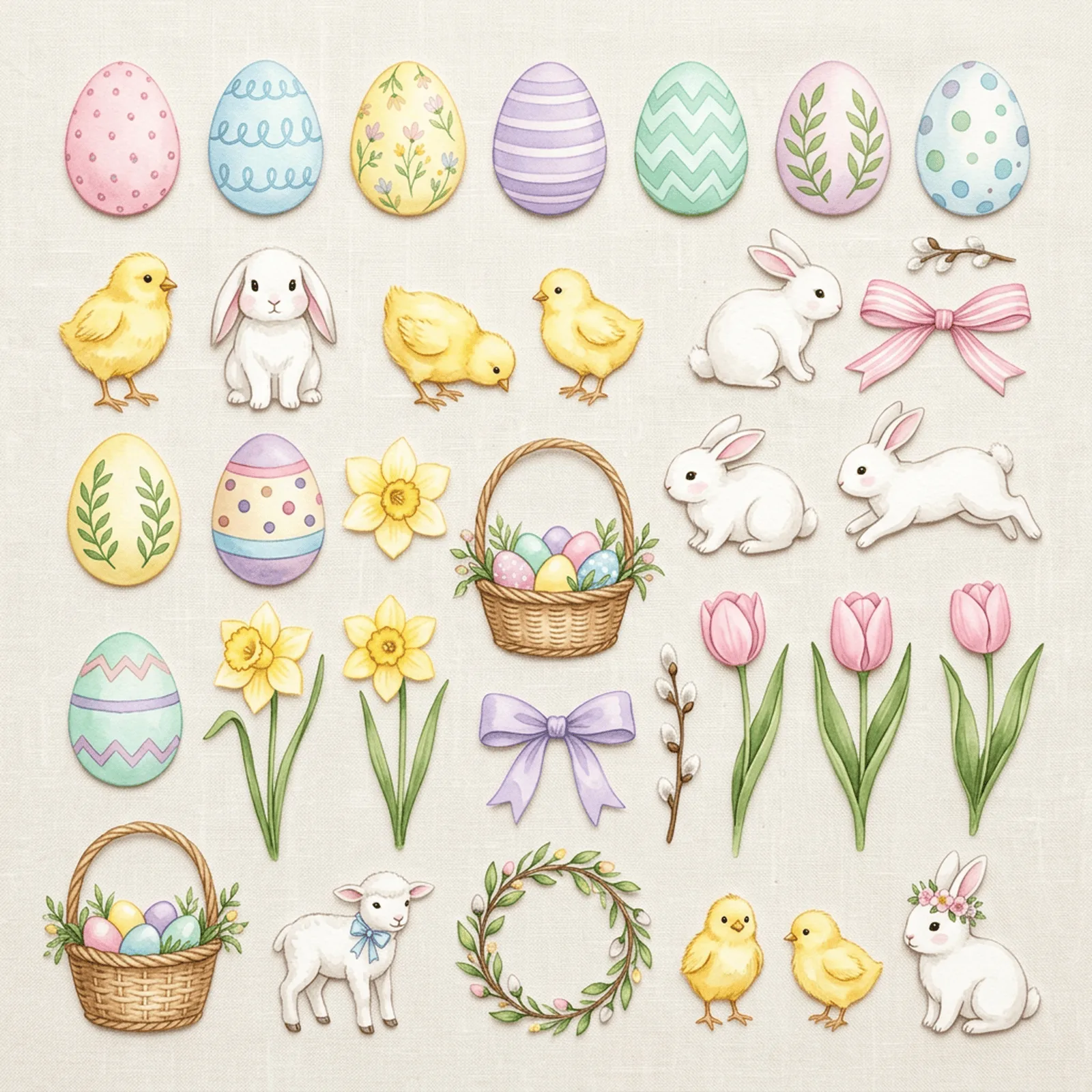 Watercolor Easter Eggs and Chicks Clipart, 30 PNG, Transparent Background, Commercial Use, Digital Download