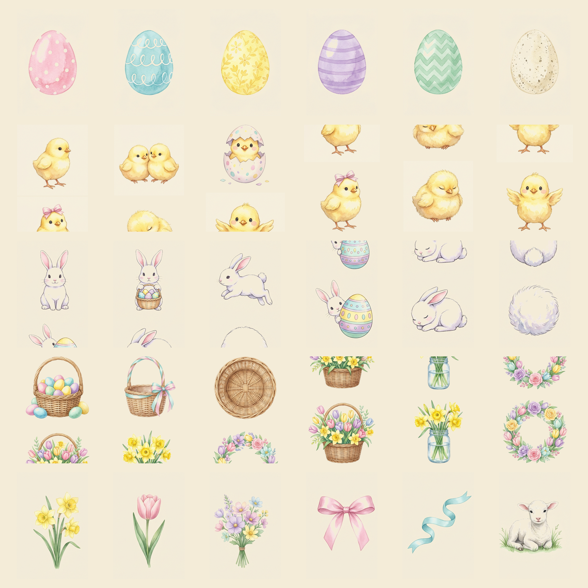 Watercolor Easter Eggs and Chicks Clipart, 30 PNG, Transparent Background, Commercial Use, Digital Download