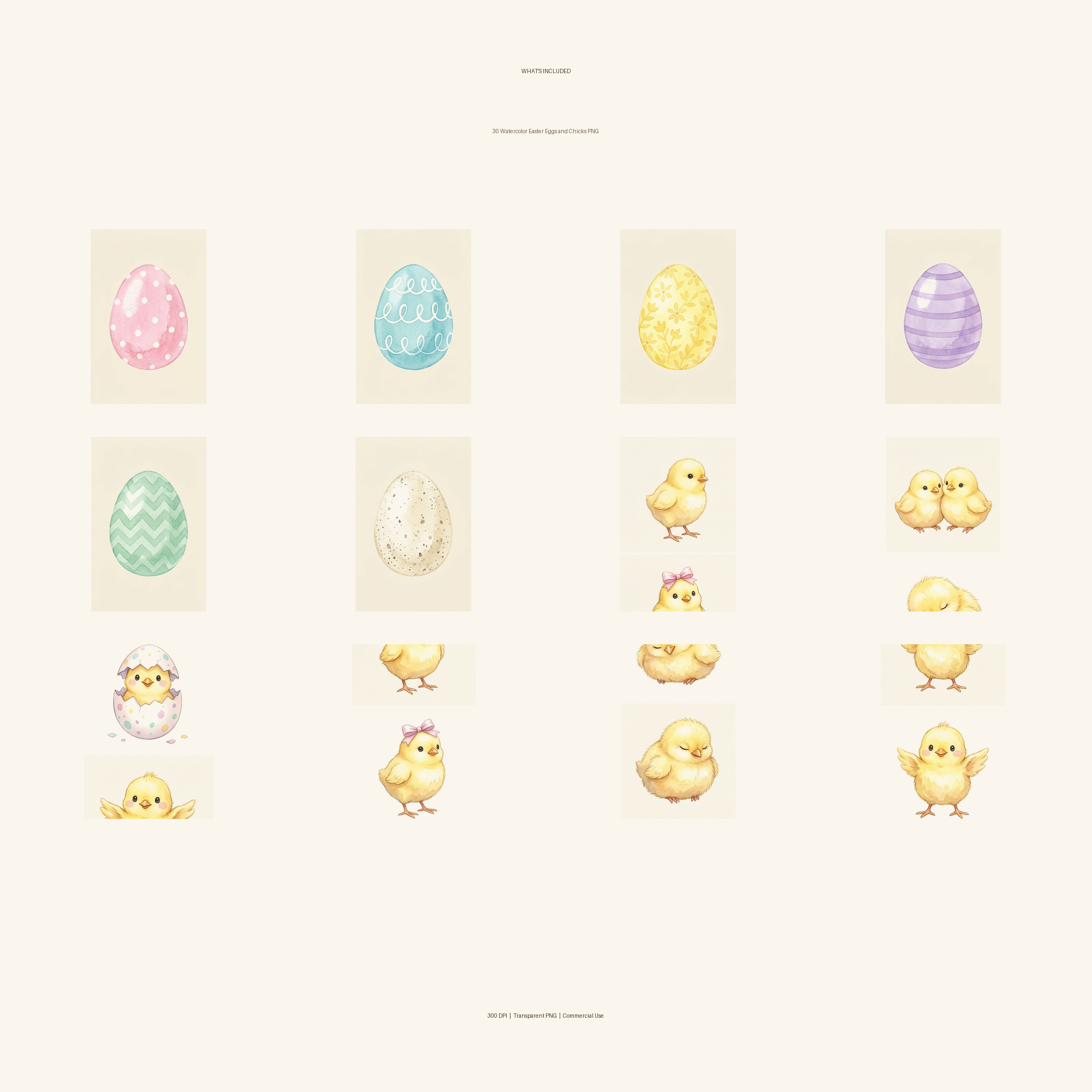 Watercolor Easter Eggs and Chicks Clipart, 30 PNG, Transparent Background, Commercial Use, Digital Download