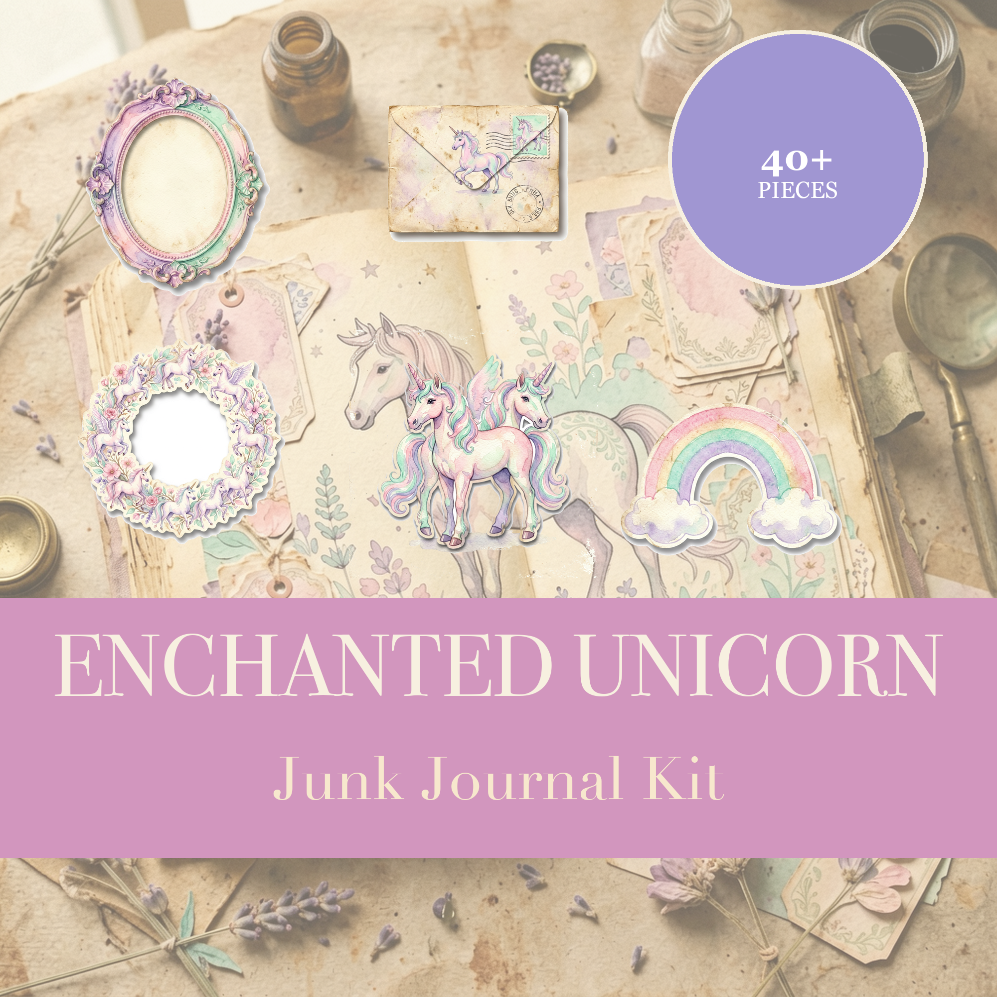 Verzaubertes Einhorn Junk-Journal-Kit | Regenbogen & Magie Pastell-Ephemera | Druckbare Ausschneidemotive | Digitaler Download