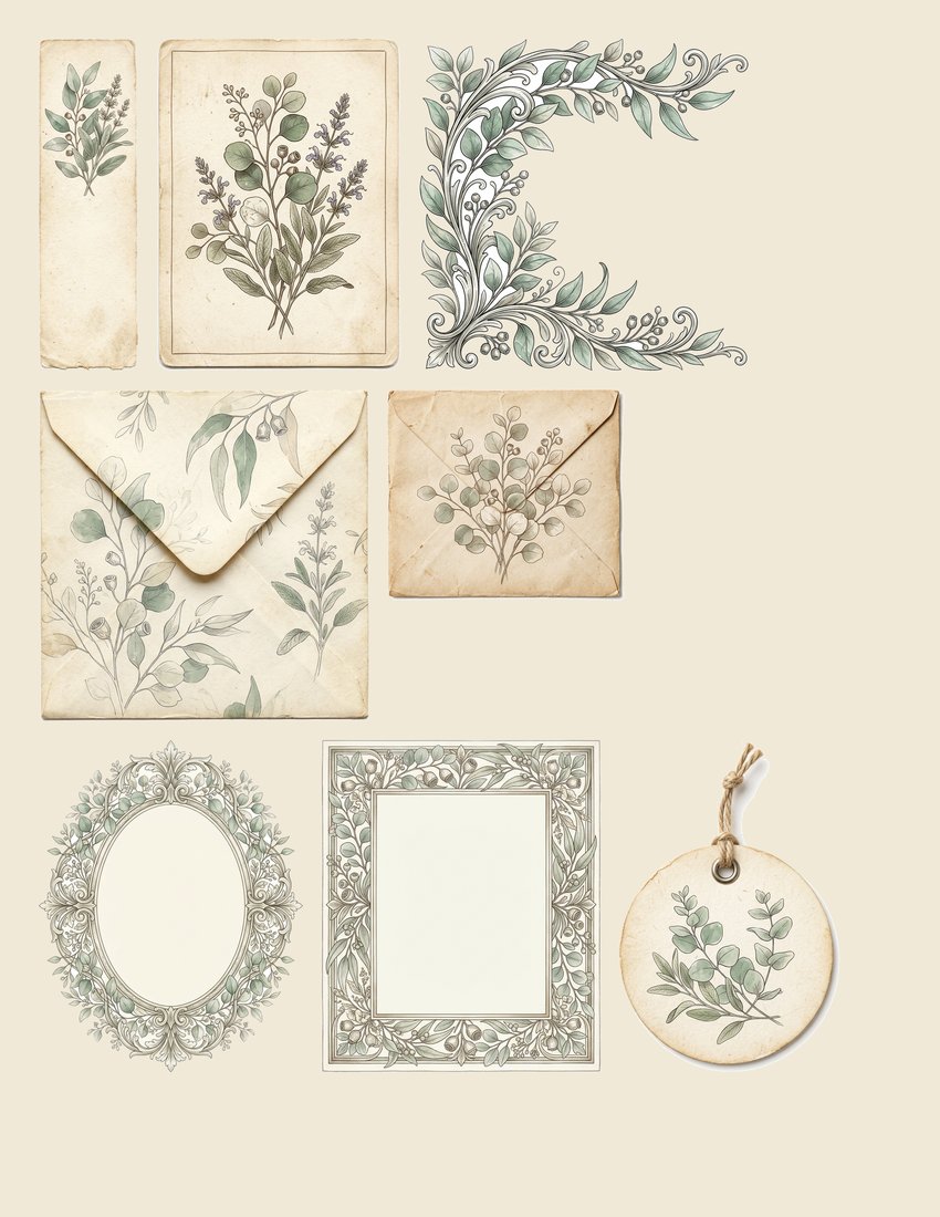 Eucalyptus & Sage Botanical Junk Journal Kit | Printable Greens Ephemera | Modern Vintage | Digital Download