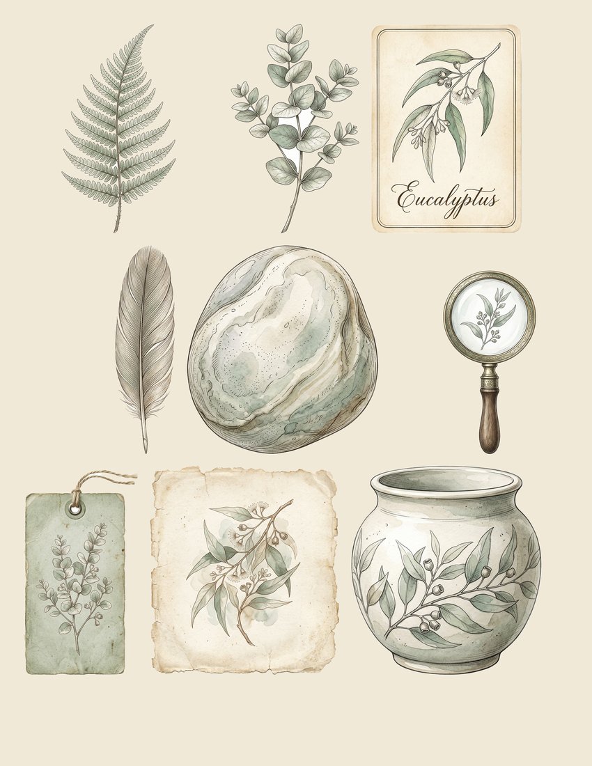 Eucalyptus & Sage Botanical Junk Journal Kit | Printable Greens Ephemera | Modern Vintage | Digital Download