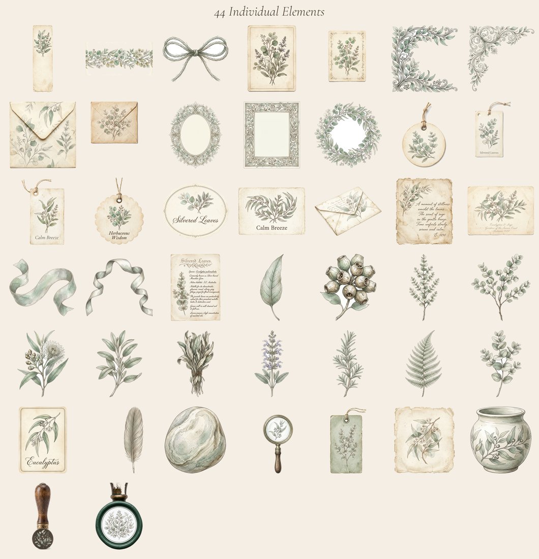 Eucalyptus & Sage Botanical Junk Journal Kit | Printable Greens Ephemera | Modern Vintage | Digital Download
