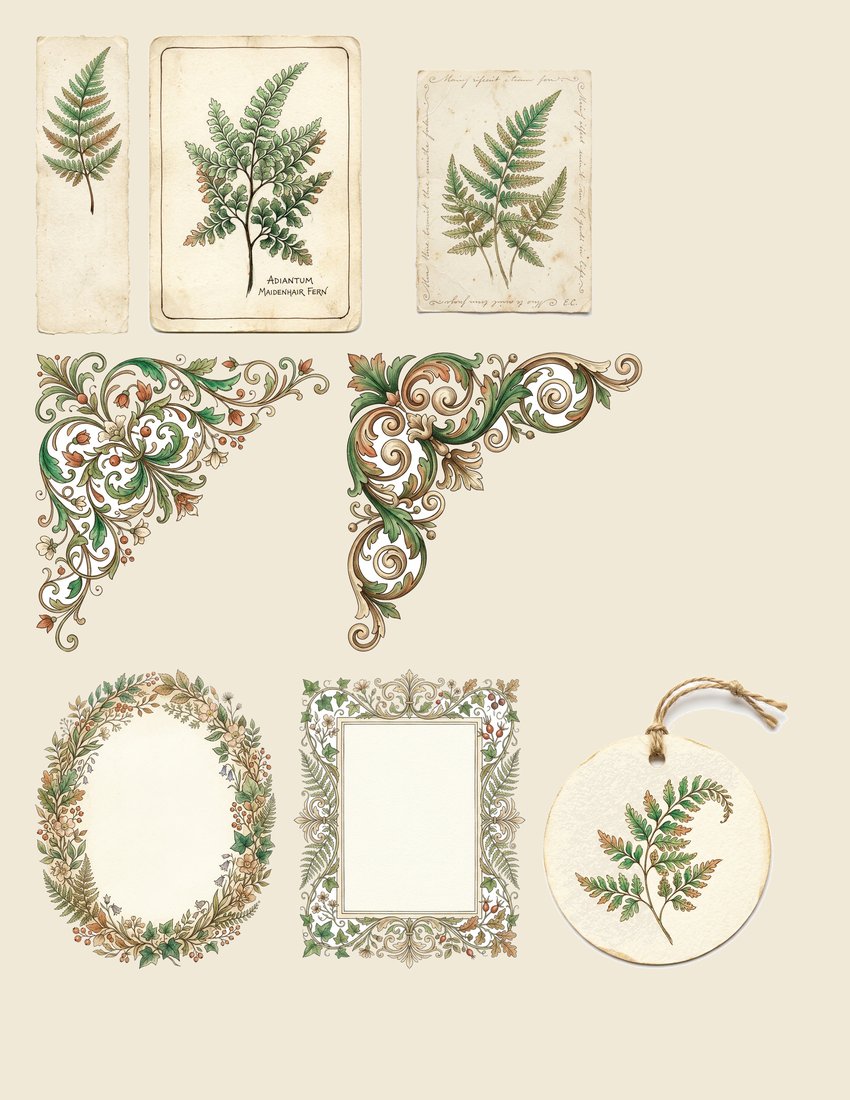 Fern Greenhouse Junk Journal Kit | Vintage Botanical Fronds Terrarium Ephemera | Digital Download