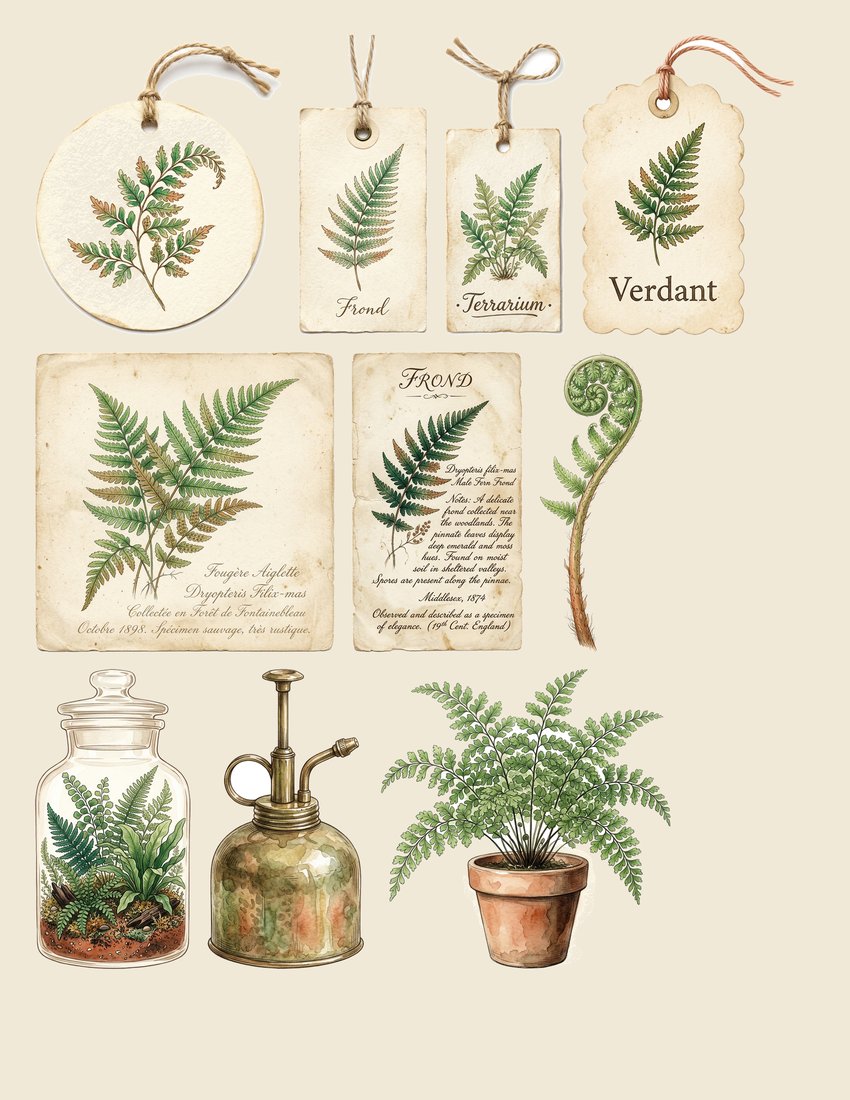 Fern Greenhouse Junk Journal Kit | Vintage Botanical Fronds Terrarium Ephemera | Digital Download