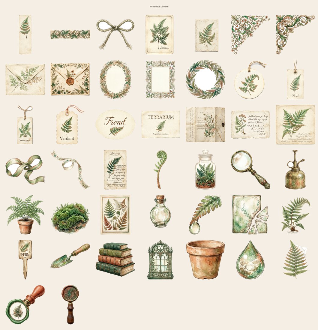 Fern Greenhouse Junk Journal Kit | Vintage Botanical Fronds Terrarium Ephemera | Digital Download