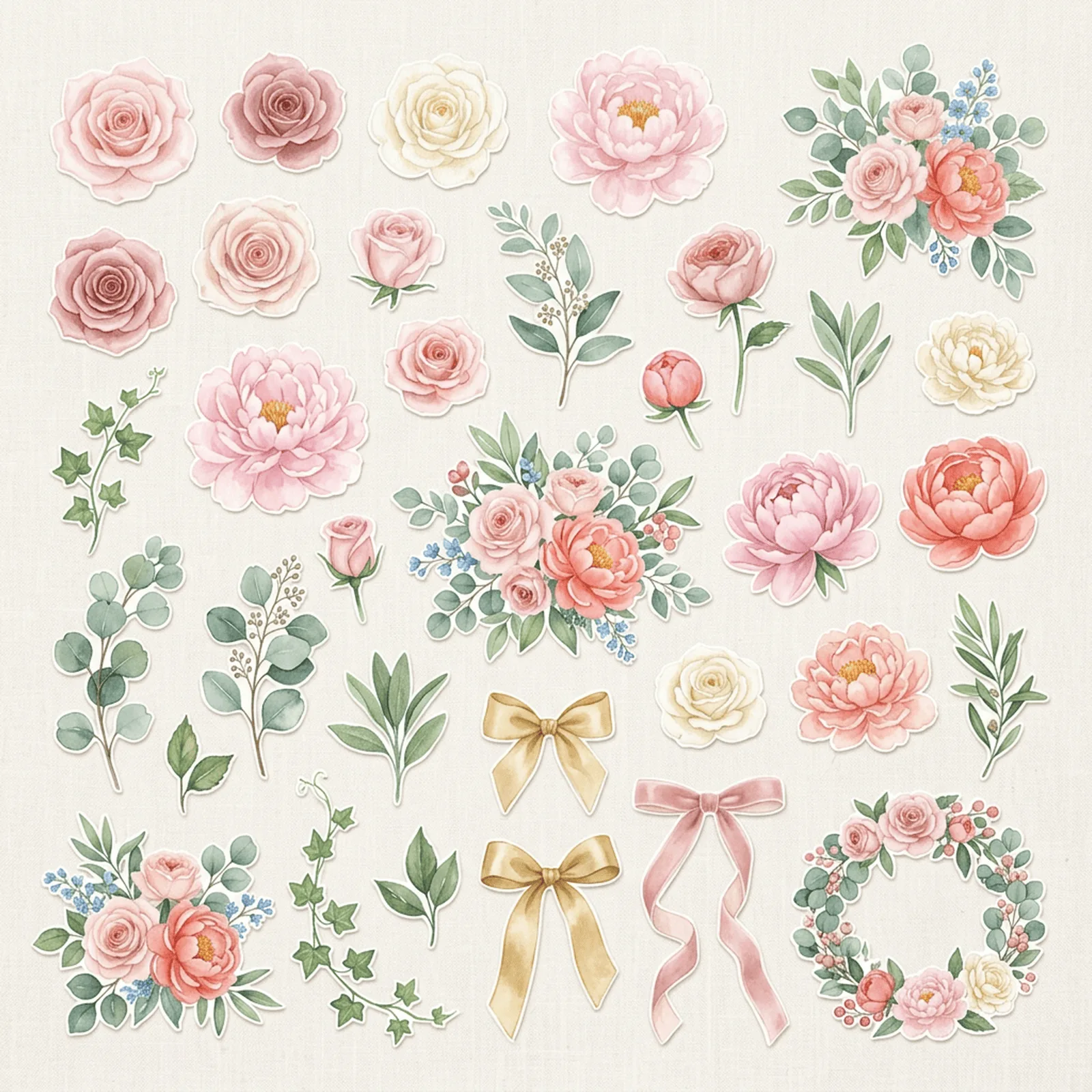 Watercolor Rose and Peony Pastel Florals Clipart, 30 PNG, Transparent Background, Commercial Use, Digital Download