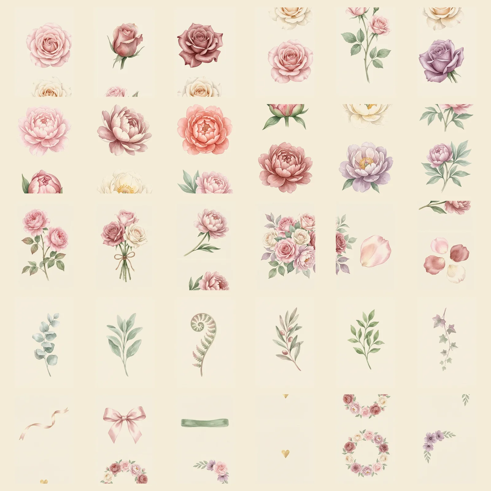 Watercolor Rose and Peony Pastel Florals Clipart, 30 PNG, Transparent Background, Commercial Use, Digital Download