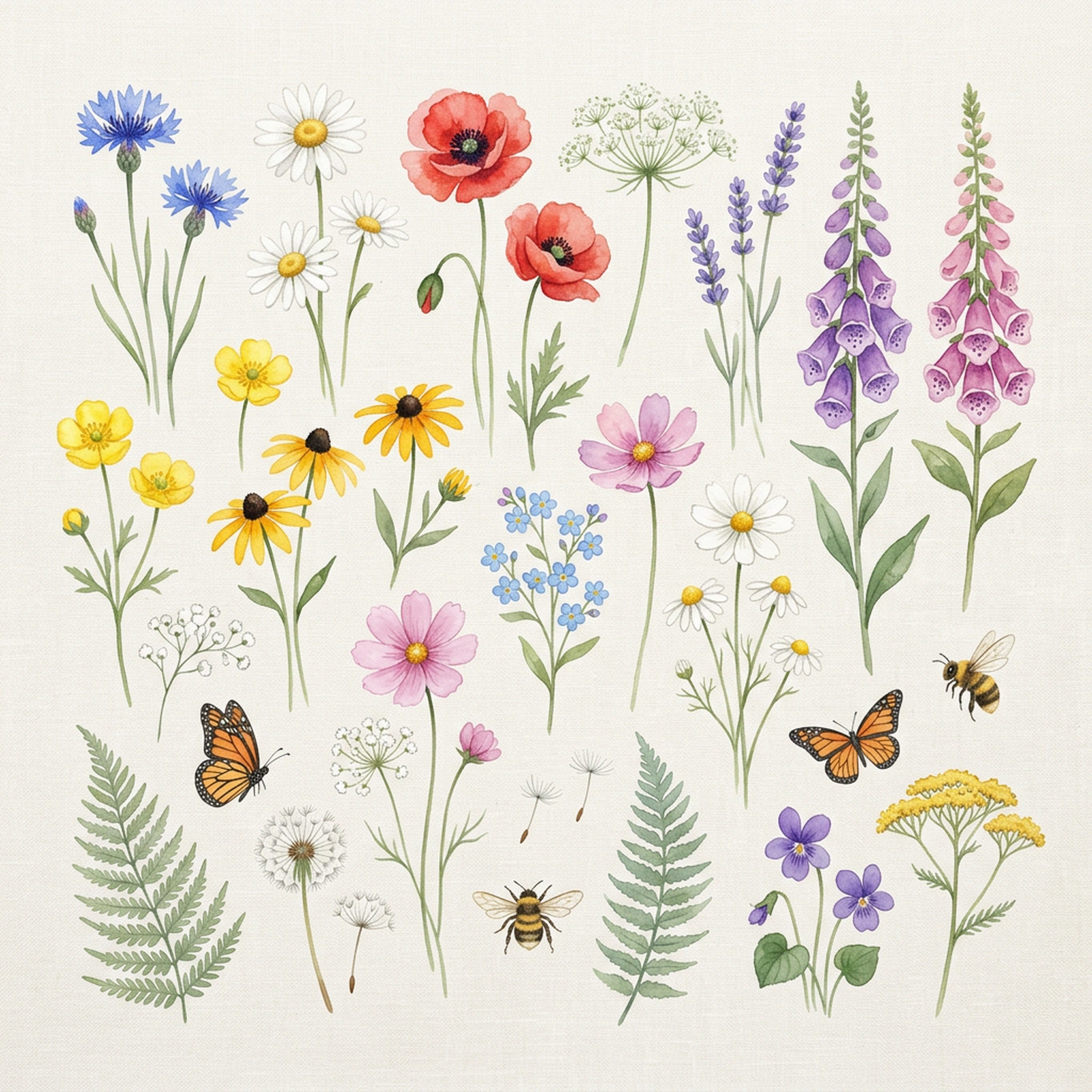 Watercolor Wildflower Garden Bouquet Clipart, 30 PNG, Transparent Background, Commercial Use, Digital Download