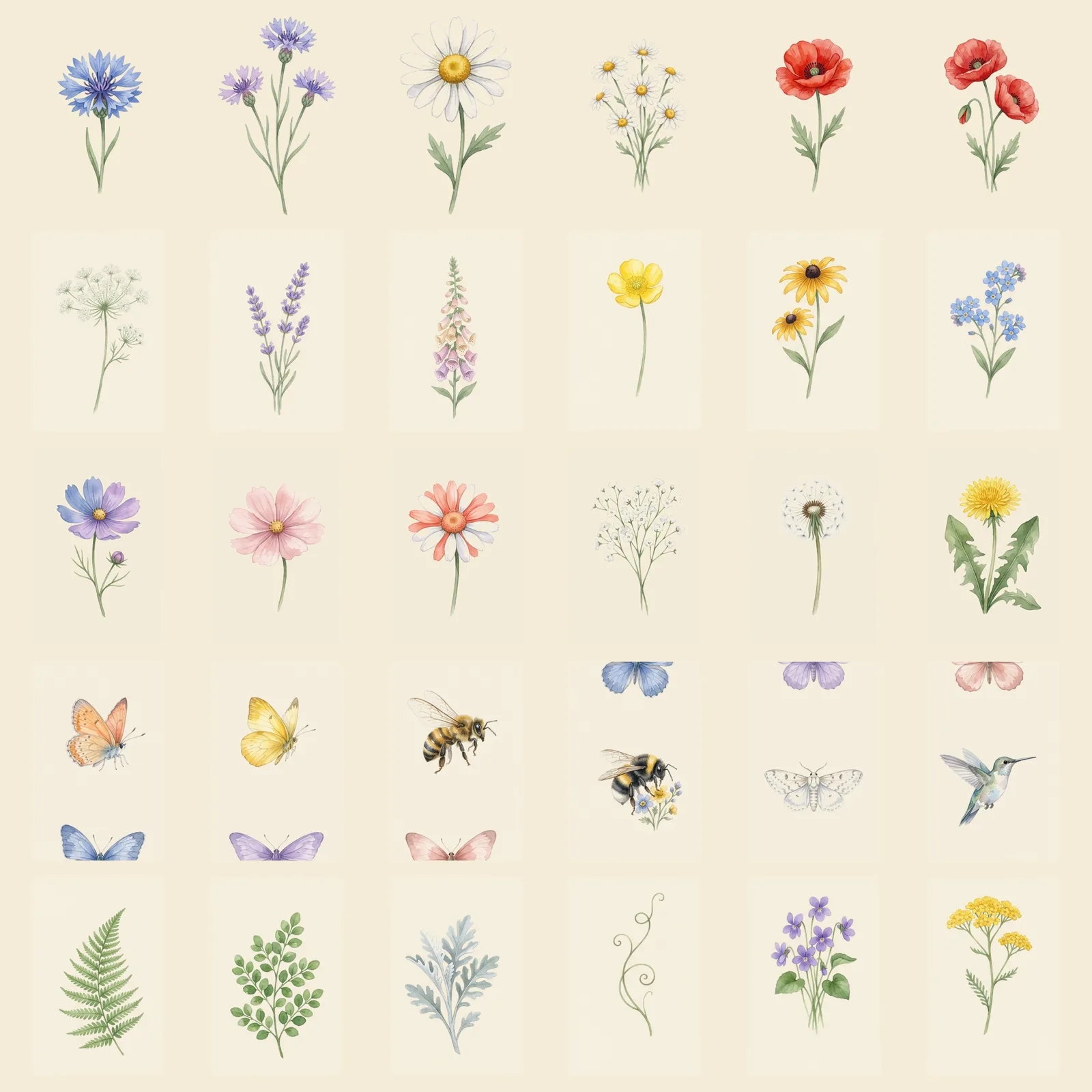 Watercolor Wildflower Garden Bouquet Clipart, 30 PNG, Transparent Background, Commercial Use, Digital Download