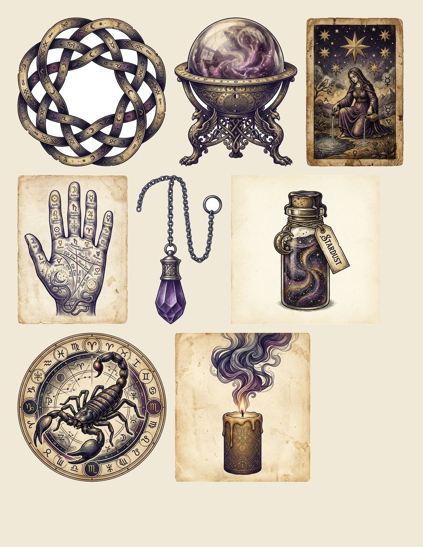 Fortune Teller's Parlor Junk Journal Kit | Vintage Mystical Divination Ephemera | Digital Download