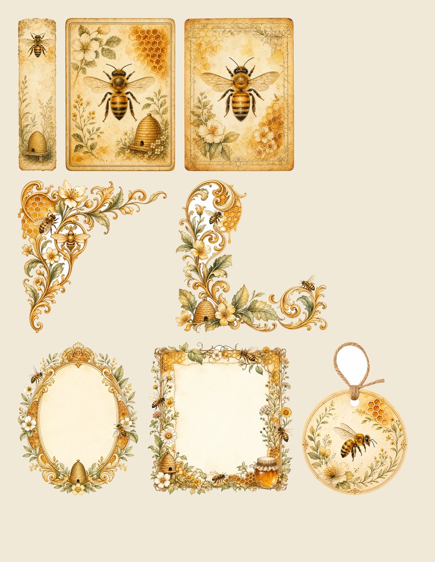 Golden Bee Apiary Junk Journal Kit | Vintage Honeybee Honeycomb Ephemera + Printable Sheets | Cottagecore | Digital Download