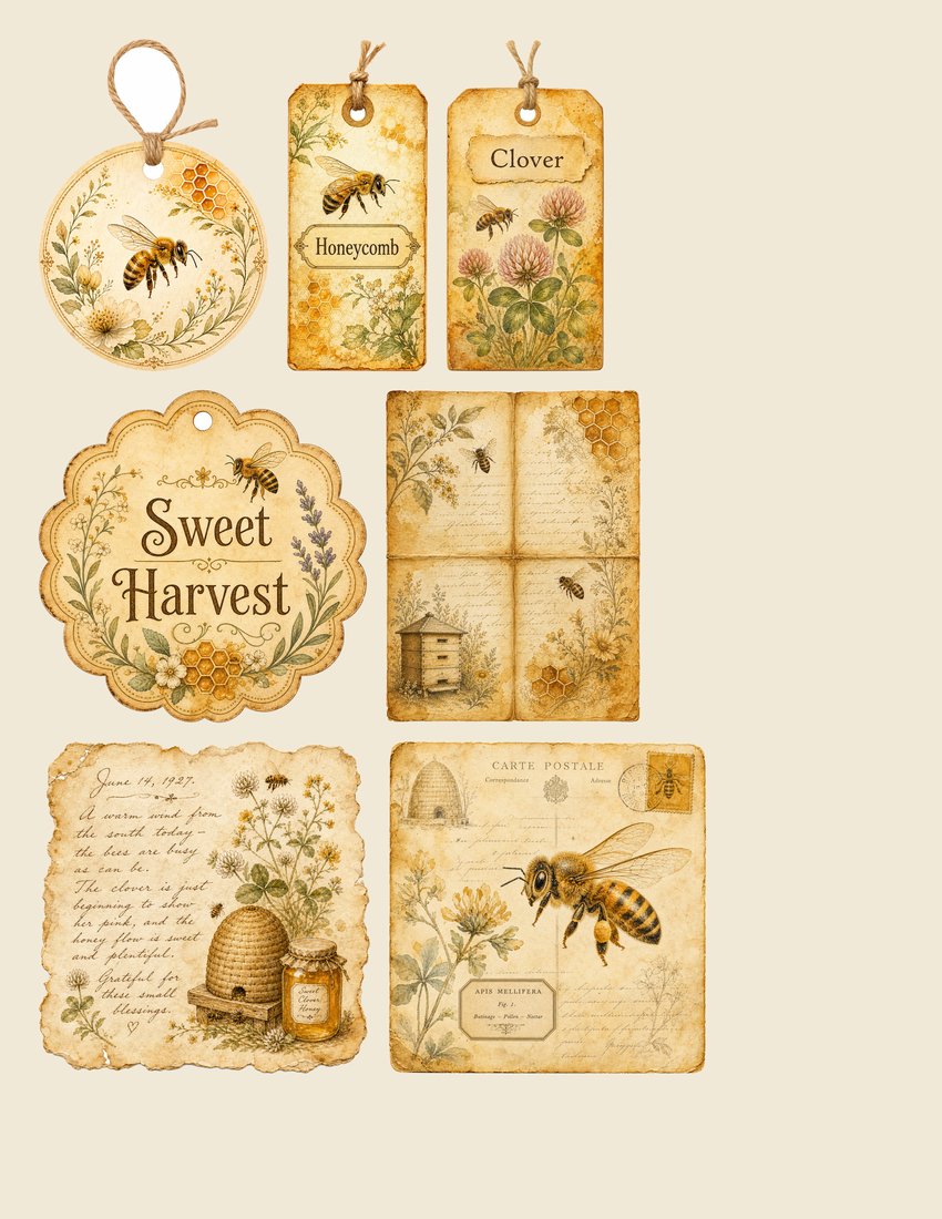Golden Bee Apiary Junk Journal Kit | Vintage Honeybee Honeycomb Ephemera + Printable Sheets | Cottagecore | Digital Download