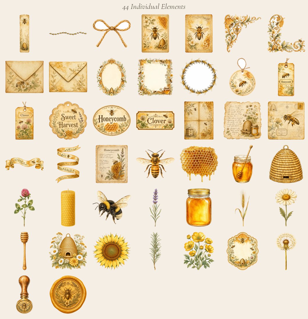 Golden Bee Apiary Junk Journal Kit | Vintage Honeybee Honeycomb Ephemera + Printable Sheets | Cottagecore | Digital Download