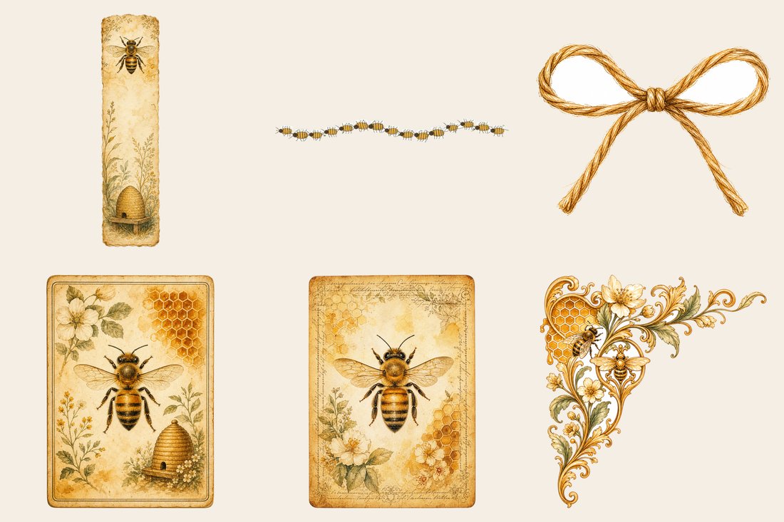 Golden Bee Apiary Junk Journal Kit | Vintage Honeybee Honeycomb Ephemera + Printable Sheets | Cottagecore | Digital Download