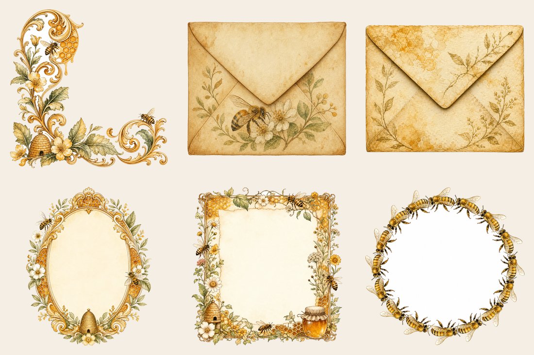 Golden Bee Apiary Junk Journal Kit | Vintage Honeybee Honeycomb Ephemera + Printable Sheets | Cottagecore | Digital Download