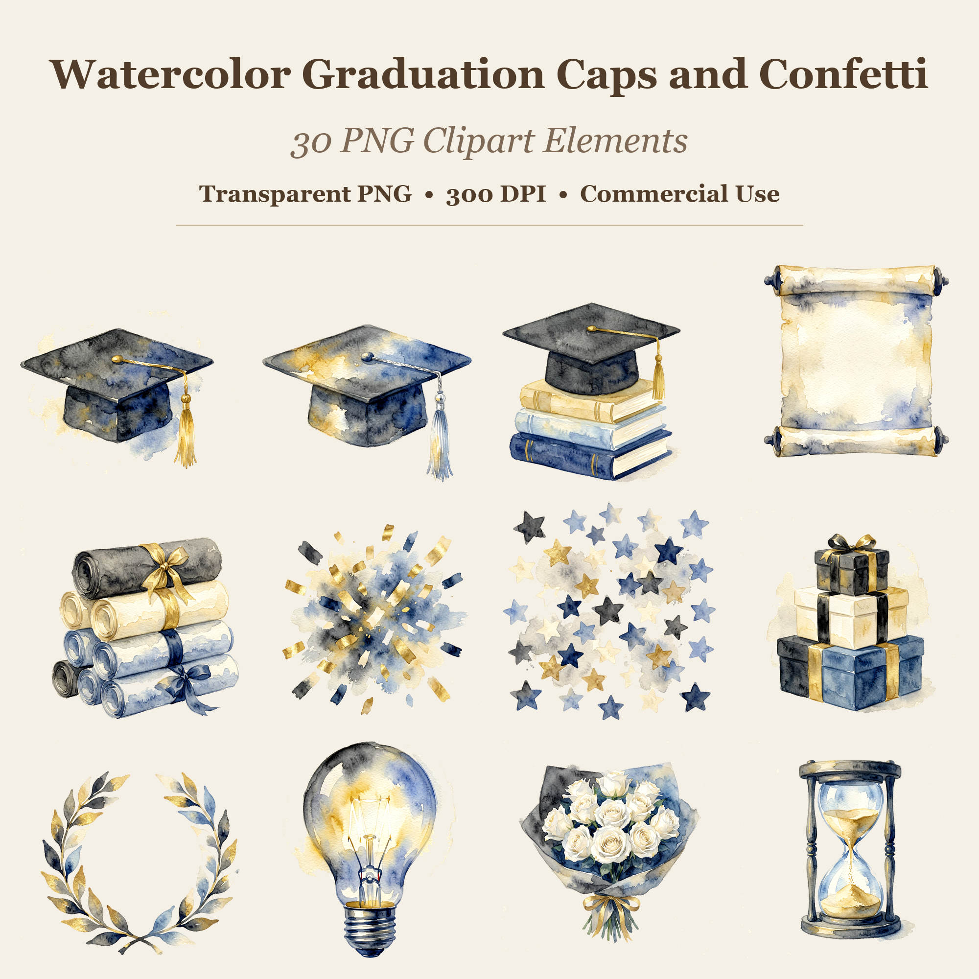 Watercolor Graduation Caps and Confetti Clipart, 30 PNG, Transparent Background, Commercial Use, Digital Download