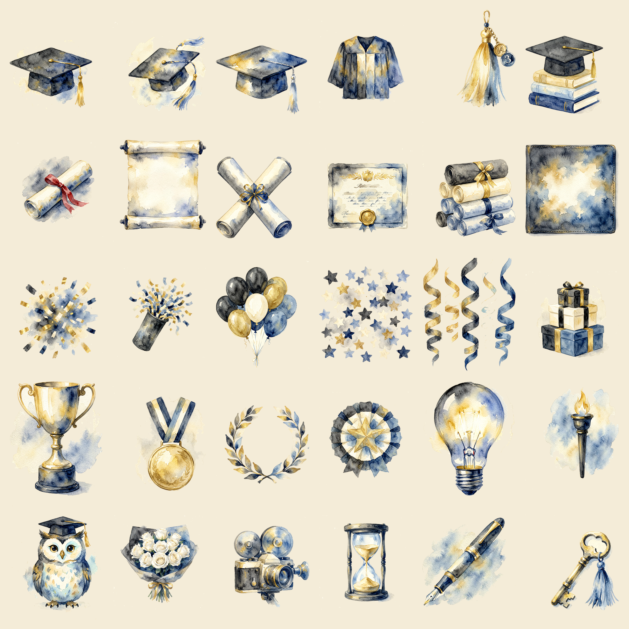 Watercolor Graduation Caps and Confetti Clipart, 30 PNG, Transparent Background, Commercial Use, Digital Download