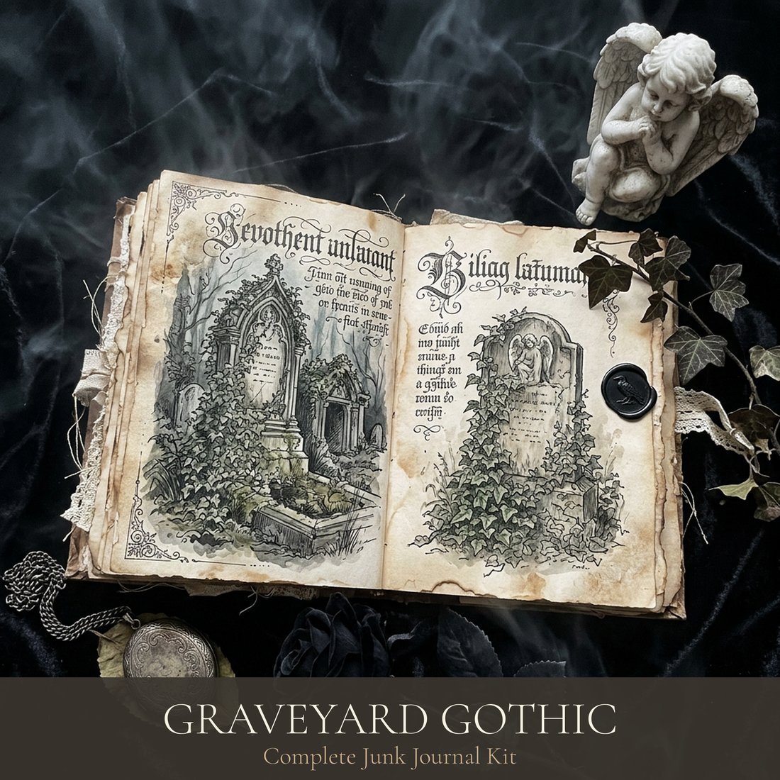 Kit Junk Journal Cimetière Gothique | Éphémères Vintage Pierre Tombale et Ange + Planches à Imprimer | Éthéré | Téléchargement Numérique