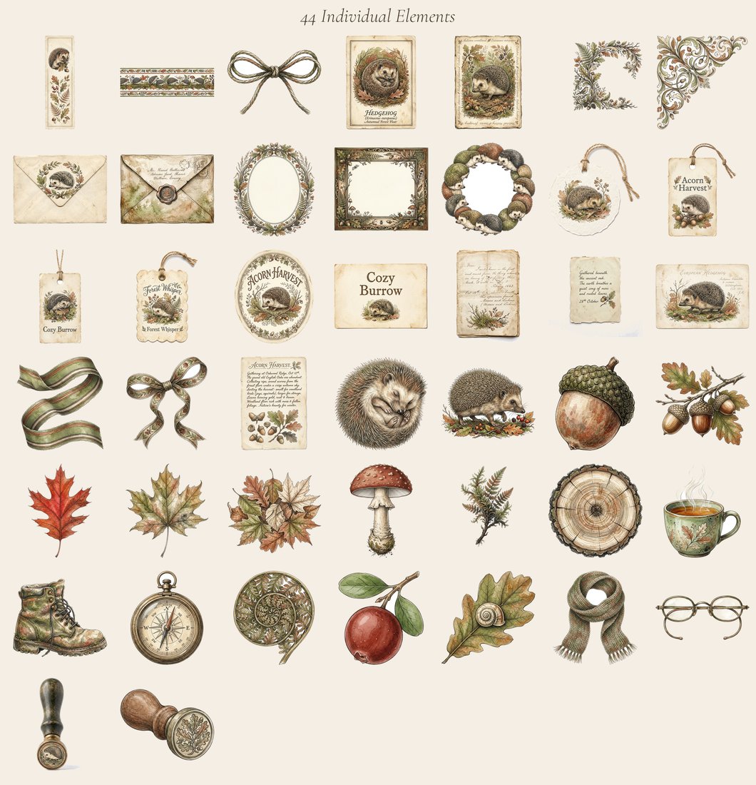 Hedgehog Hollow Junk Journal Kit | Vintage Woodland Ephemera | Cozy Forest Creatures | Digital Download