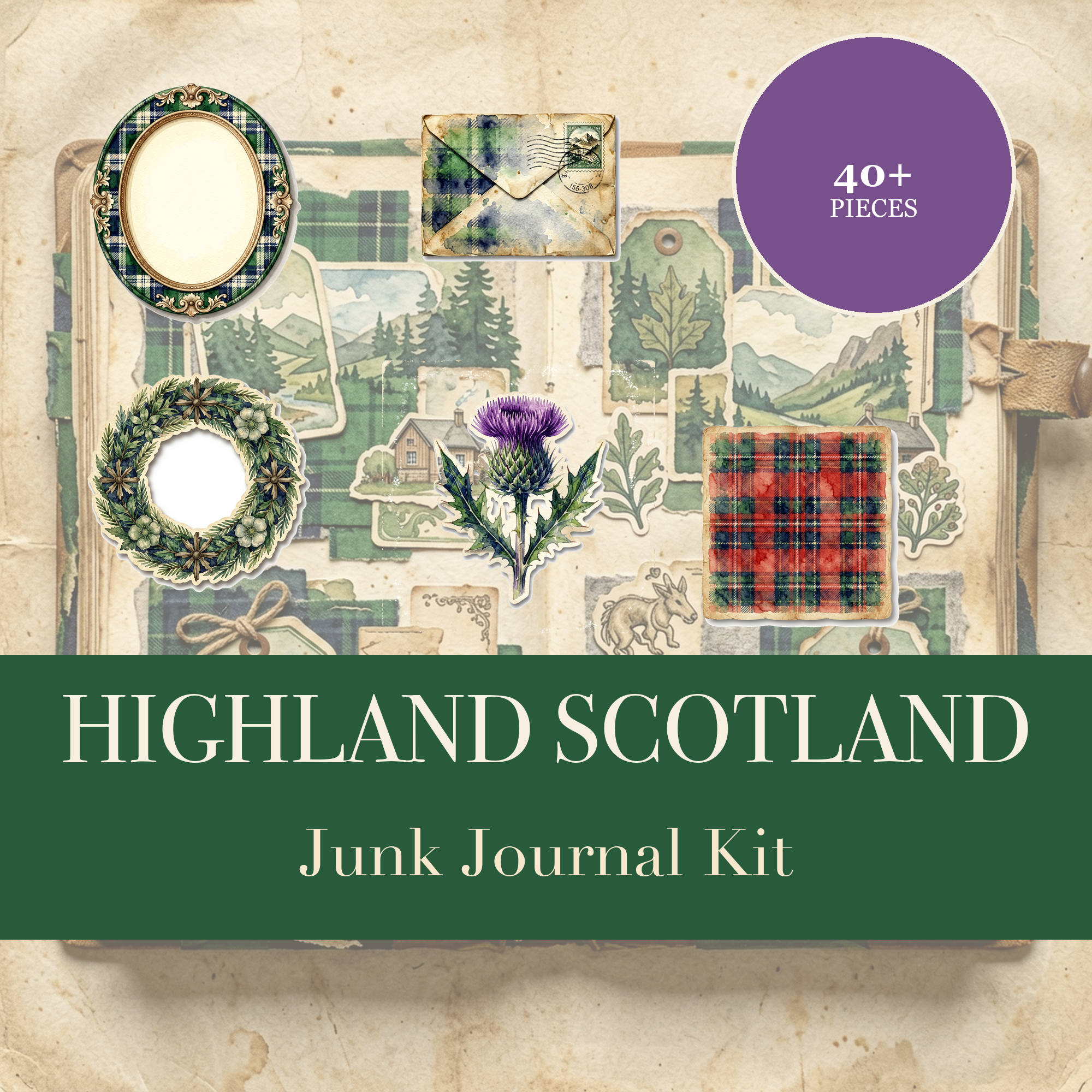 Highland Scotland Junk Journal Kit | Thistle & Tartan Ephemera Papers | Printable Cut-Outs | Digital Download