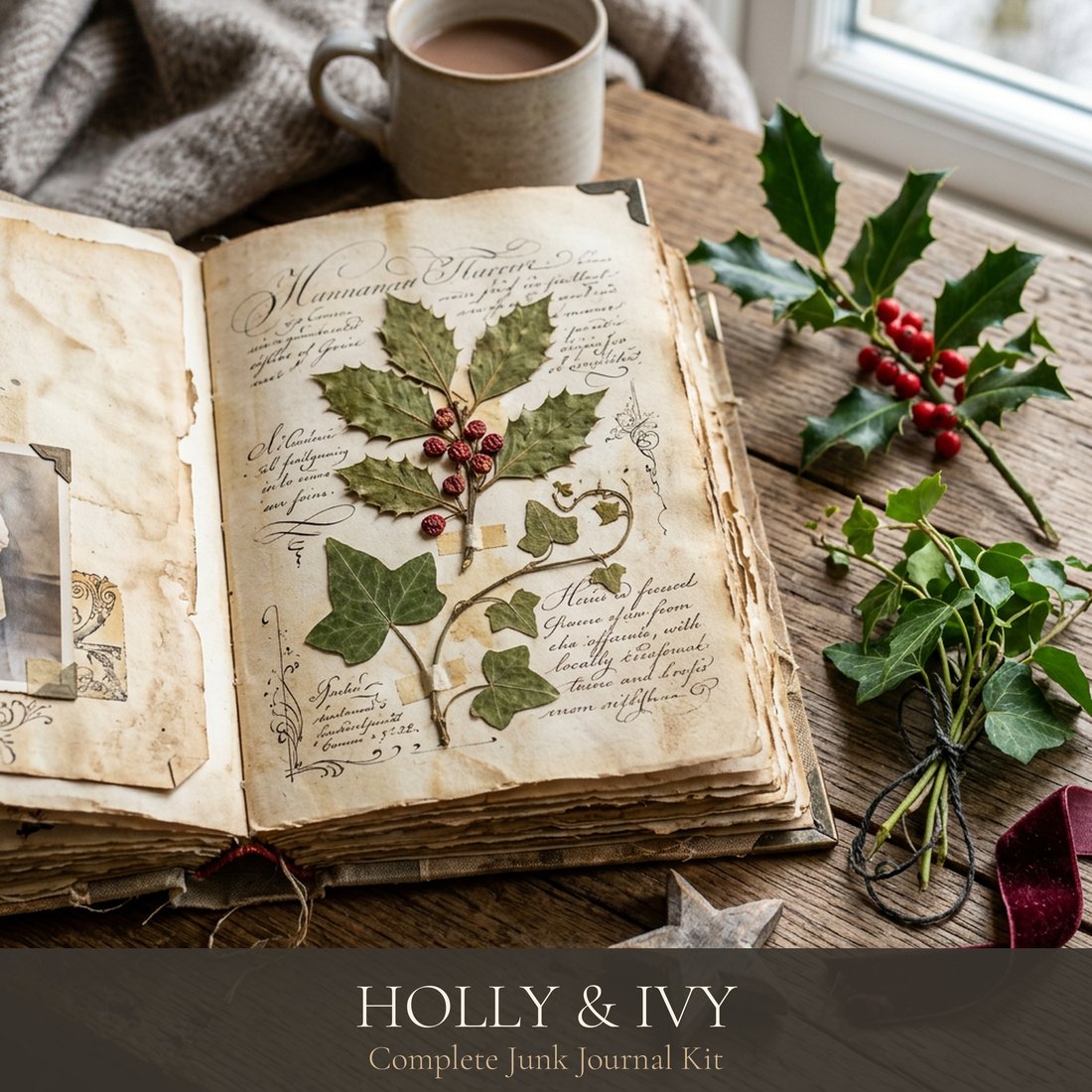 Holly & Ivy Junk Journal Kit | Festive Botanical Ephemera | Vintage Winter Greenery | Digital Download