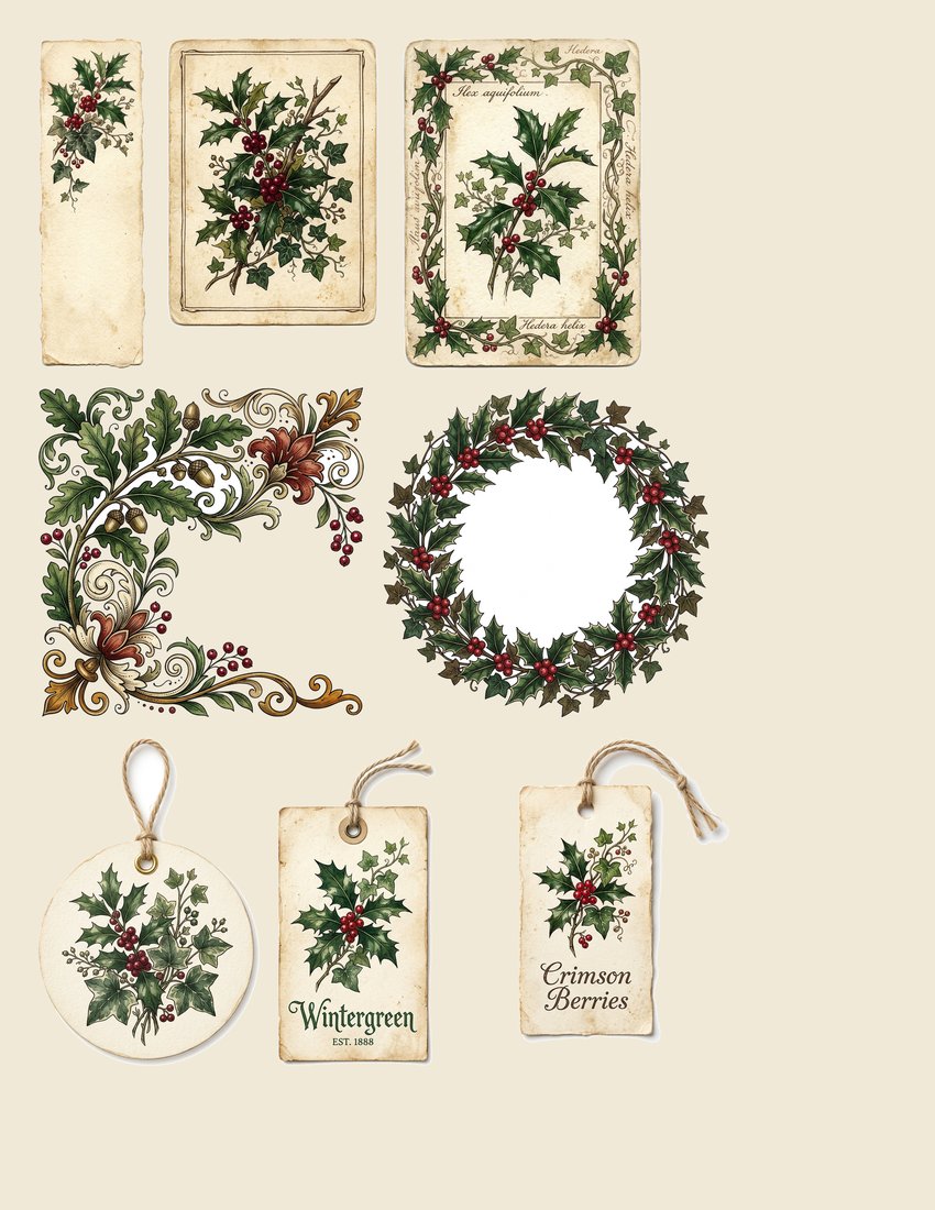 Holly & Ivy Junk Journal Kit | Festive Botanical Ephemera | Vintage Winter Greenery | Digital Download