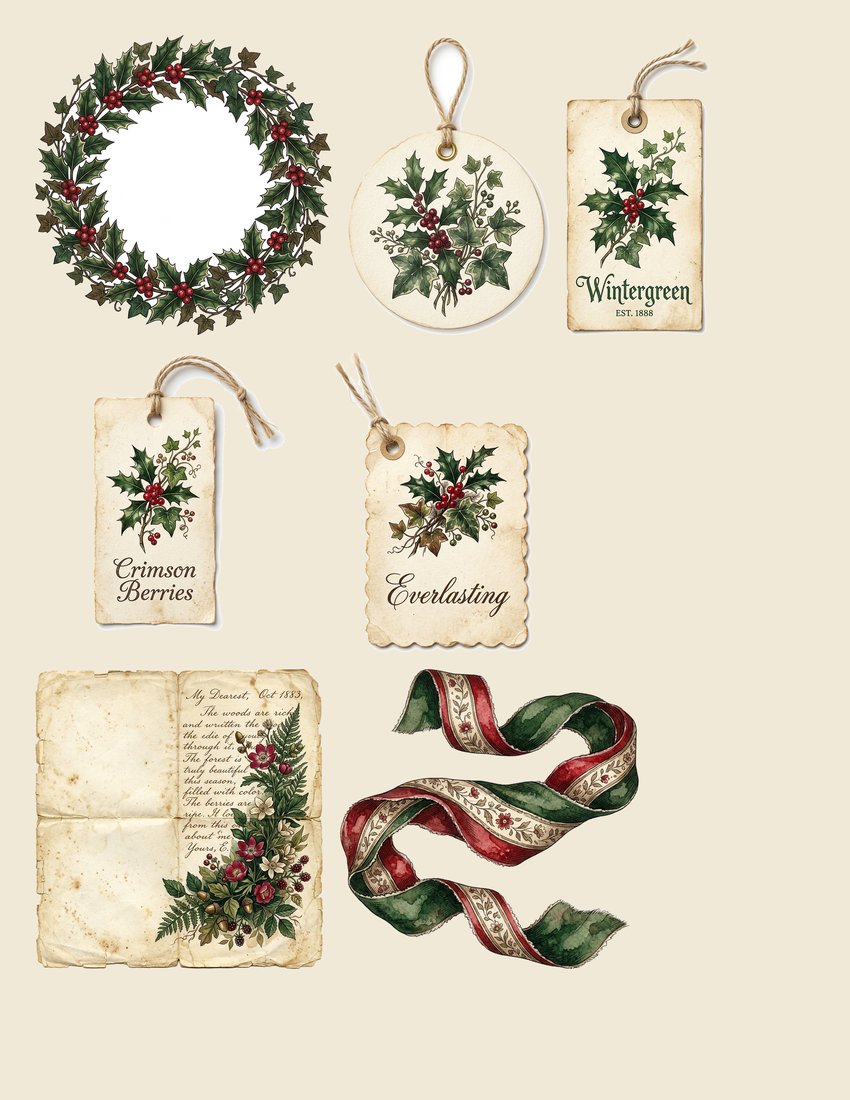 Holly & Ivy Junk Journal Kit | Festive Botanical Ephemera | Vintage Winter Greenery | Digital Download