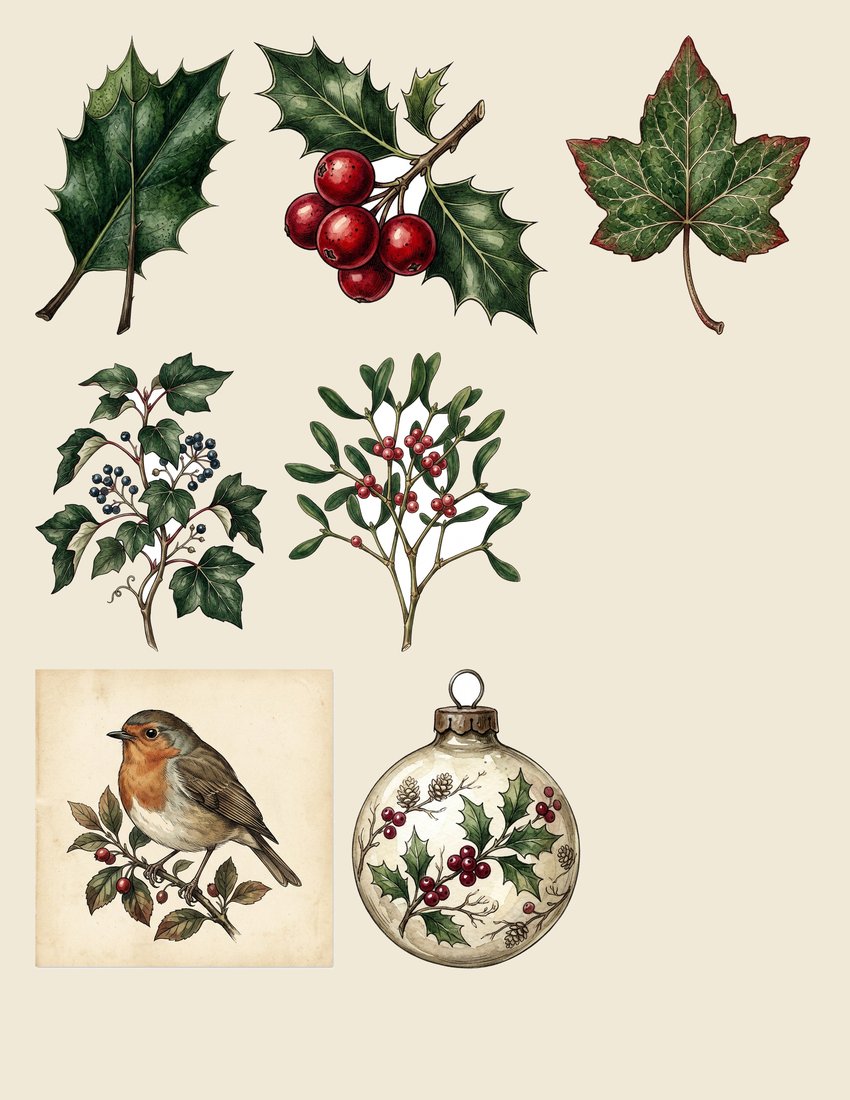 Holly & Ivy Junk Journal Kit | Festive Botanical Ephemera | Vintage Winter Greenery | Digital Download