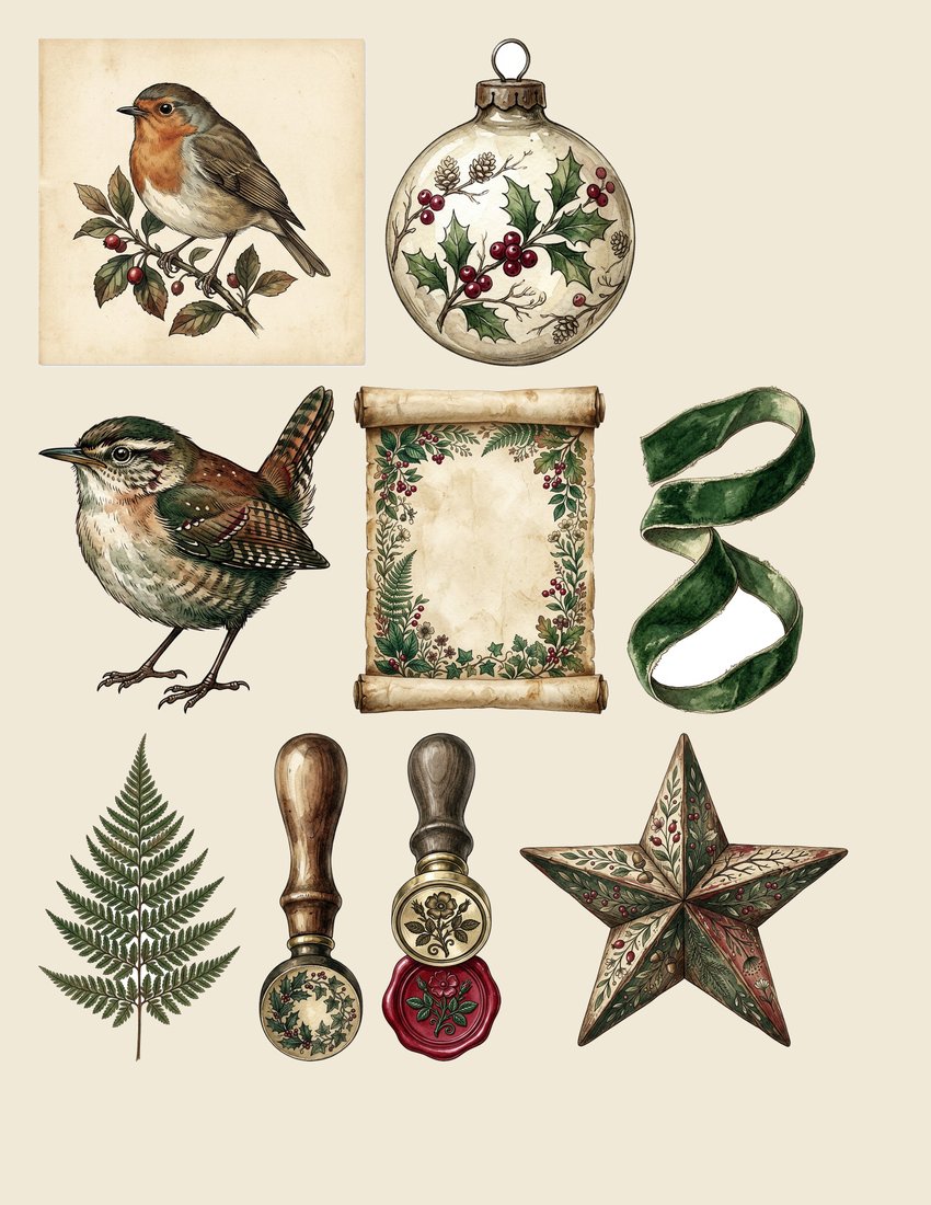 Holly & Ivy Junk Journal Kit | Festive Botanical Ephemera | Vintage Winter Greenery | Digital Download