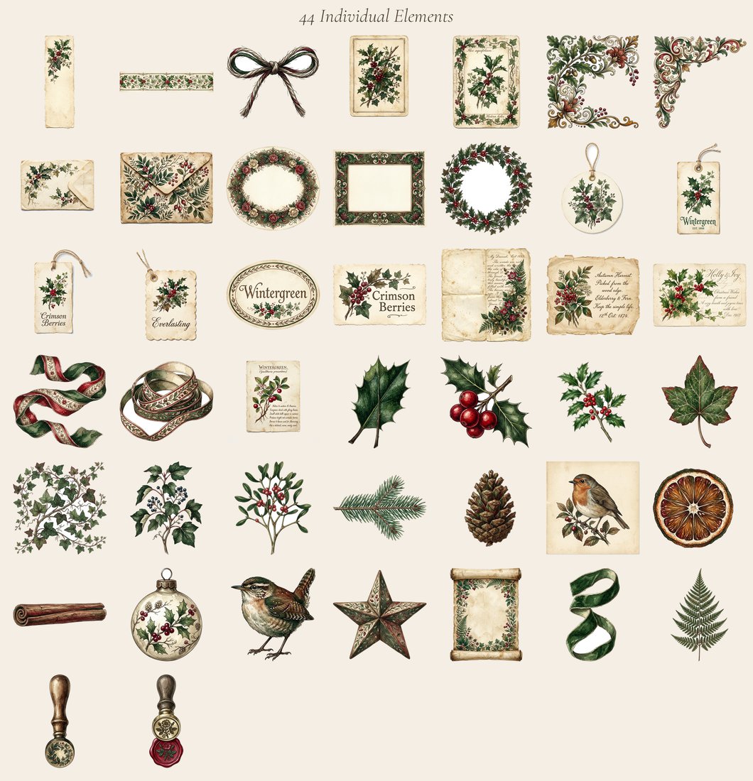 Holly & Ivy Junk Journal Kit | Festive Botanical Ephemera | Vintage Winter Greenery | Digital Download