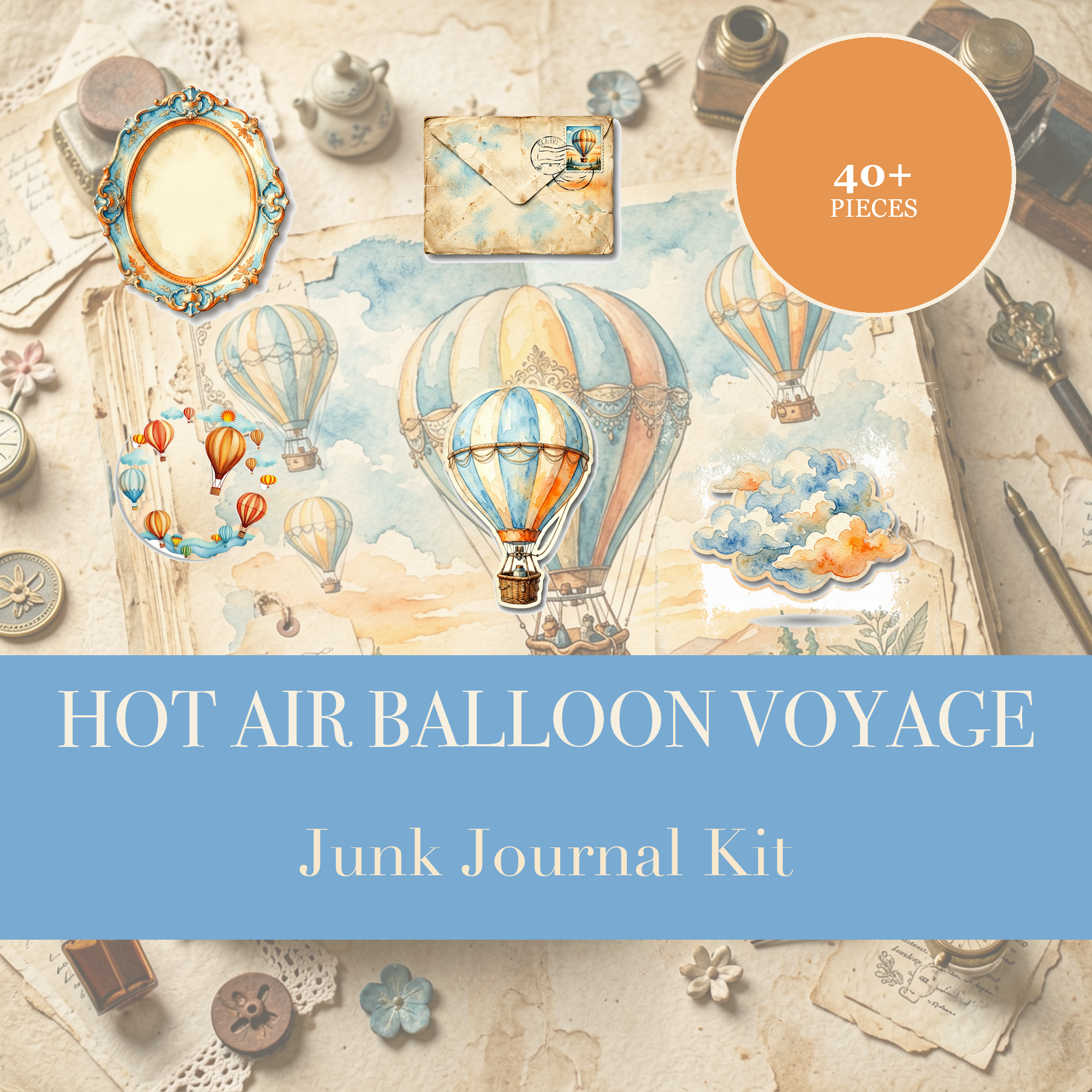 Hot Air Balloon Voyage Junk Journal Kit | Sky Adventure Ephemera Papers | Printable Cut-Outs | Digital Download