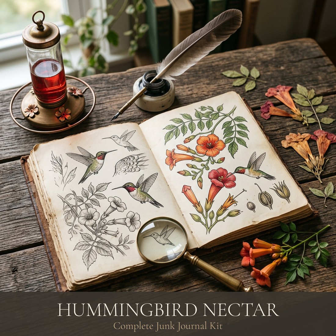 Hummingbird Nectar Junk Journal Kit | Vintage Botanical Ephemera | Digital Download