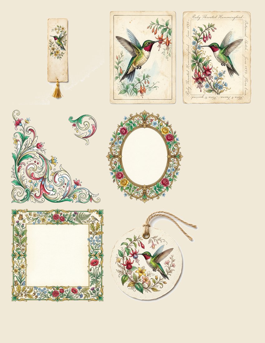 Hummingbird Nectar Junk Journal Kit | Vintage Botanical Ephemera | Digital Download